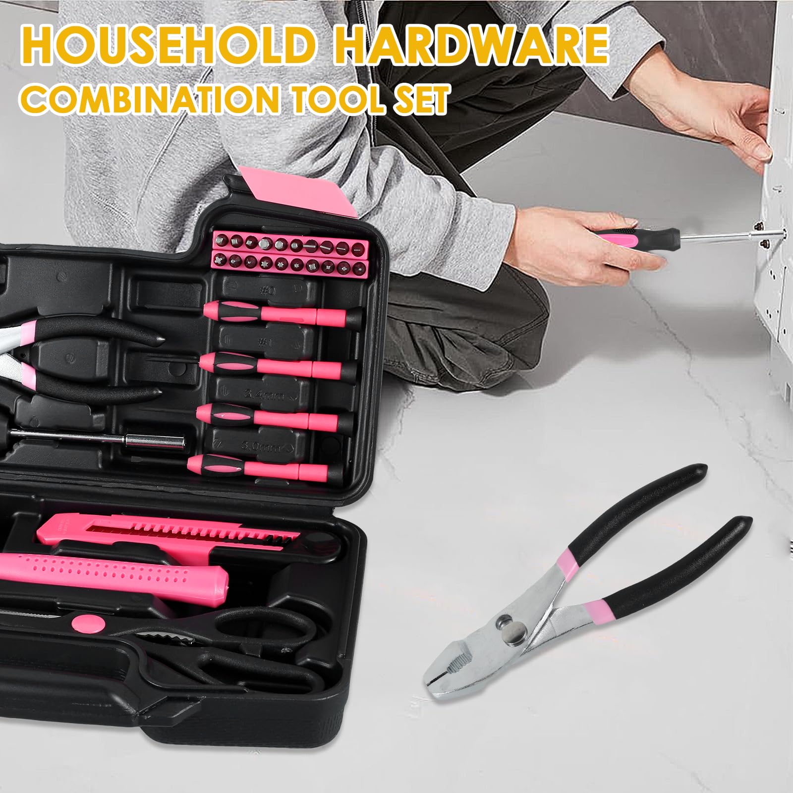 General Household Hand Tool Kit 39Pcs Home Repair Tool Set Pink Tool Kit Box Drill Set Multifunctional Home Tool Kit Set Portable Auto Repair Tool Kit with Plastic Toolbox Hand Tool Set for DIY Repair — view 4