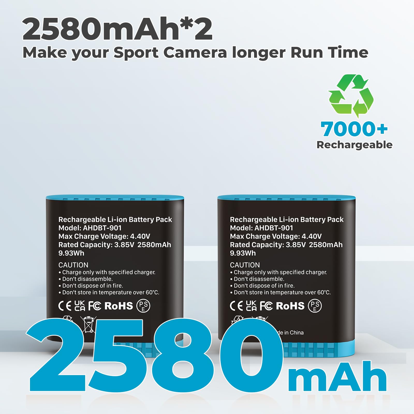 Hero12 Lot de 2 Batteries de Rechange 2580 mAh pour GoPro Hero 12 Hero 11 Hero 10 Hero 9 Black (sans Chargeur + 2 Batteries)