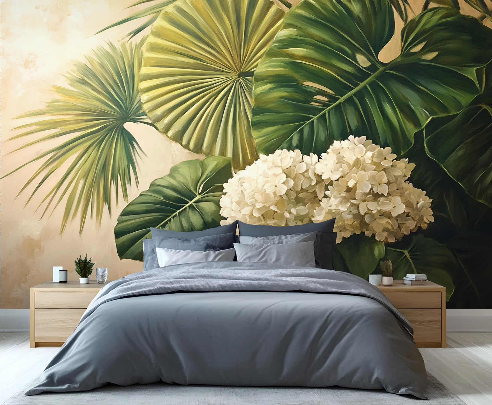 YXQAIED Hydrangea Floral Photo Mural Wallpaper Tropical Leaf Wallpaper Vintage Leaves Painting Wall Art, Room Decoration Home Office Wall Covering Poster 100x70 cm