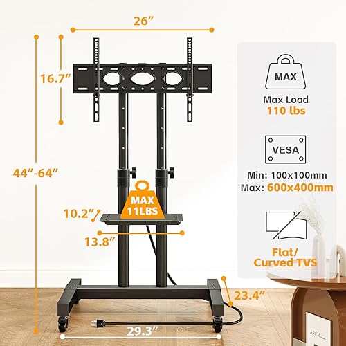 Miniatura 6 de TVON Soporte de TV rodante resistente con toma de corriente para televisores de 32 a 83 pulgadas, soporte de TV móvil de altura ajustable sobre