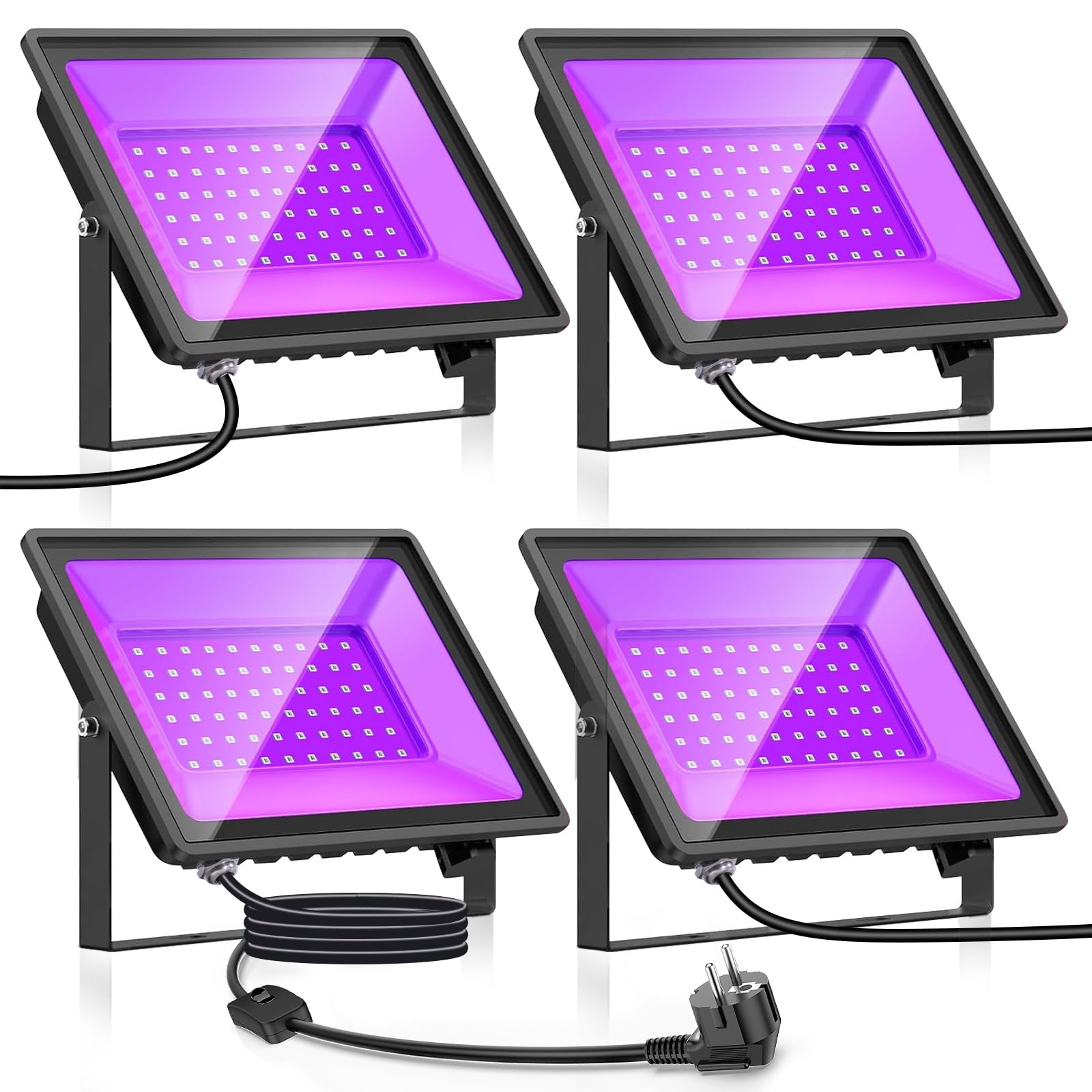Glostars 60W 4Pack Proyectores UV: luz negra profesional 385-400 nm, impermeable IP66. Ideal para crear ambientes fluorescentes en interiores y exteriores (Halloween, Navidad, eventos).