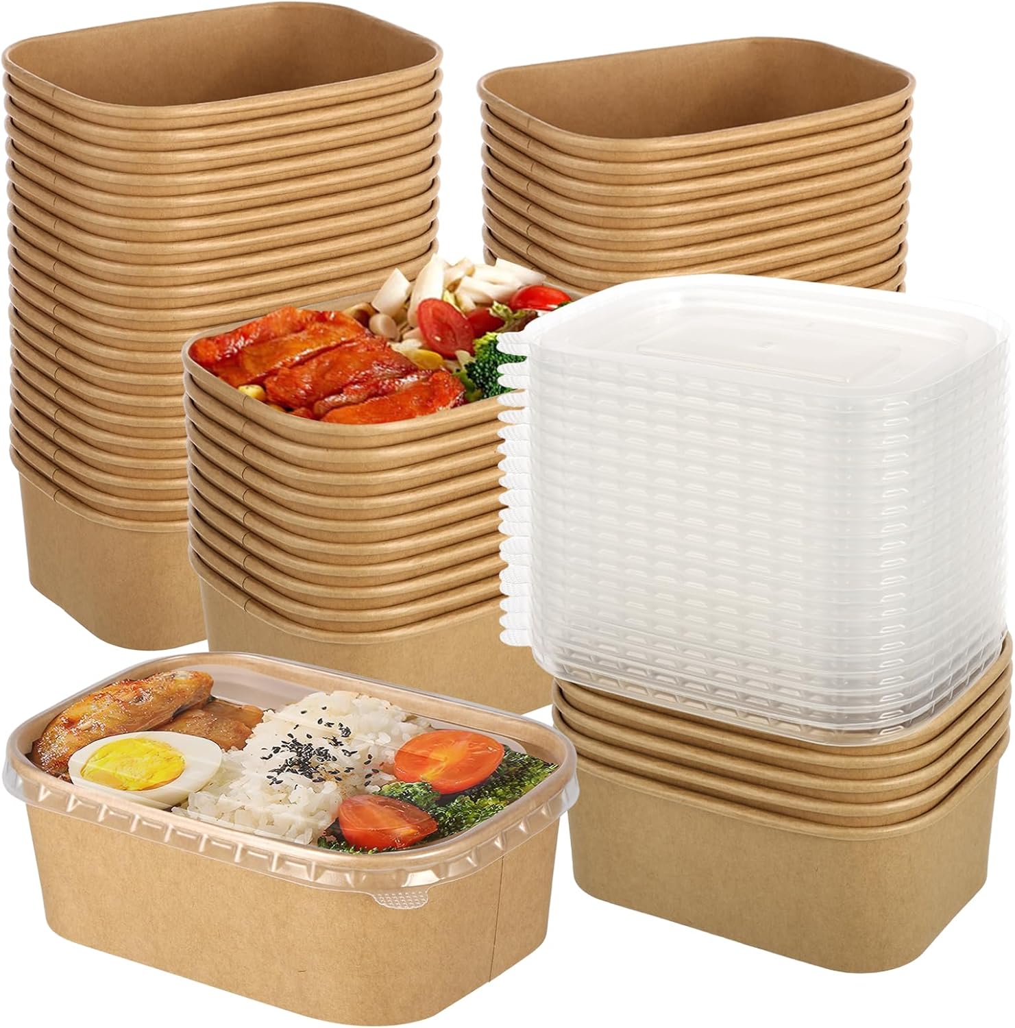 50 Pack 25oz Disposable Kraft Paper Bowls with Lids, Rectangle Meal Prep Containers Bulk, Large Paper Salad Bowl, Leakproof Food Containers Treat Soup Serving Bowls, Microwave Safe for Hot/Cold Food
