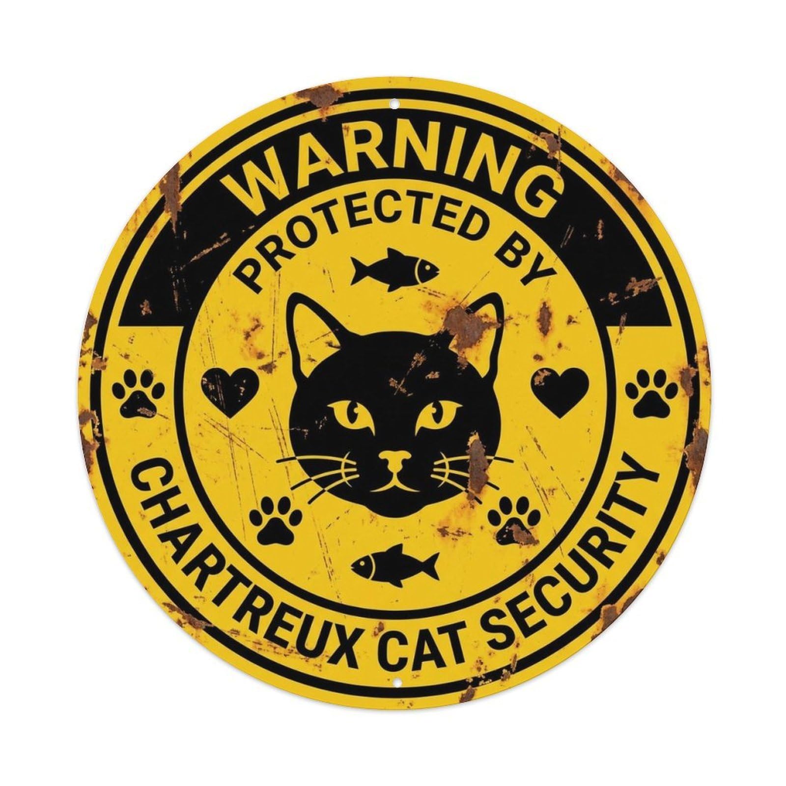 Chartreux Cat Security Warning Yellow Rust Metal Tin Sign