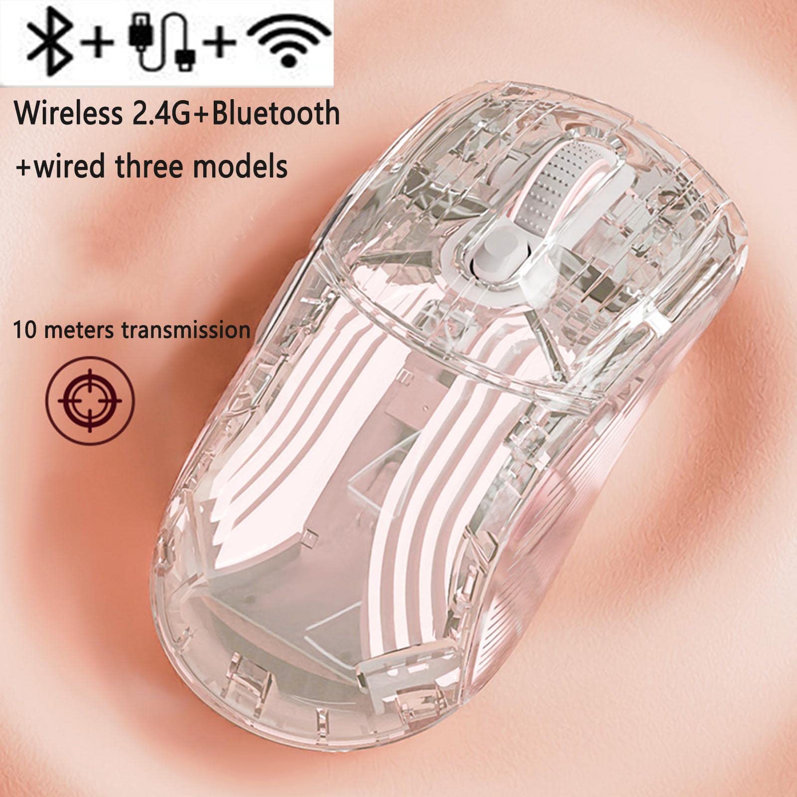 JUSHZ Bezprzewodowa mysz komputerowa do laptopa USB do gier, Bluetooth, ładowana, przewodowa mysz wskazująca, fotoelektryczna, przezroczysta, cicha, sześciobiegowa regulacja, Plug and Play, 2,4 GHz, 127 x 63 x 39 mm, A
