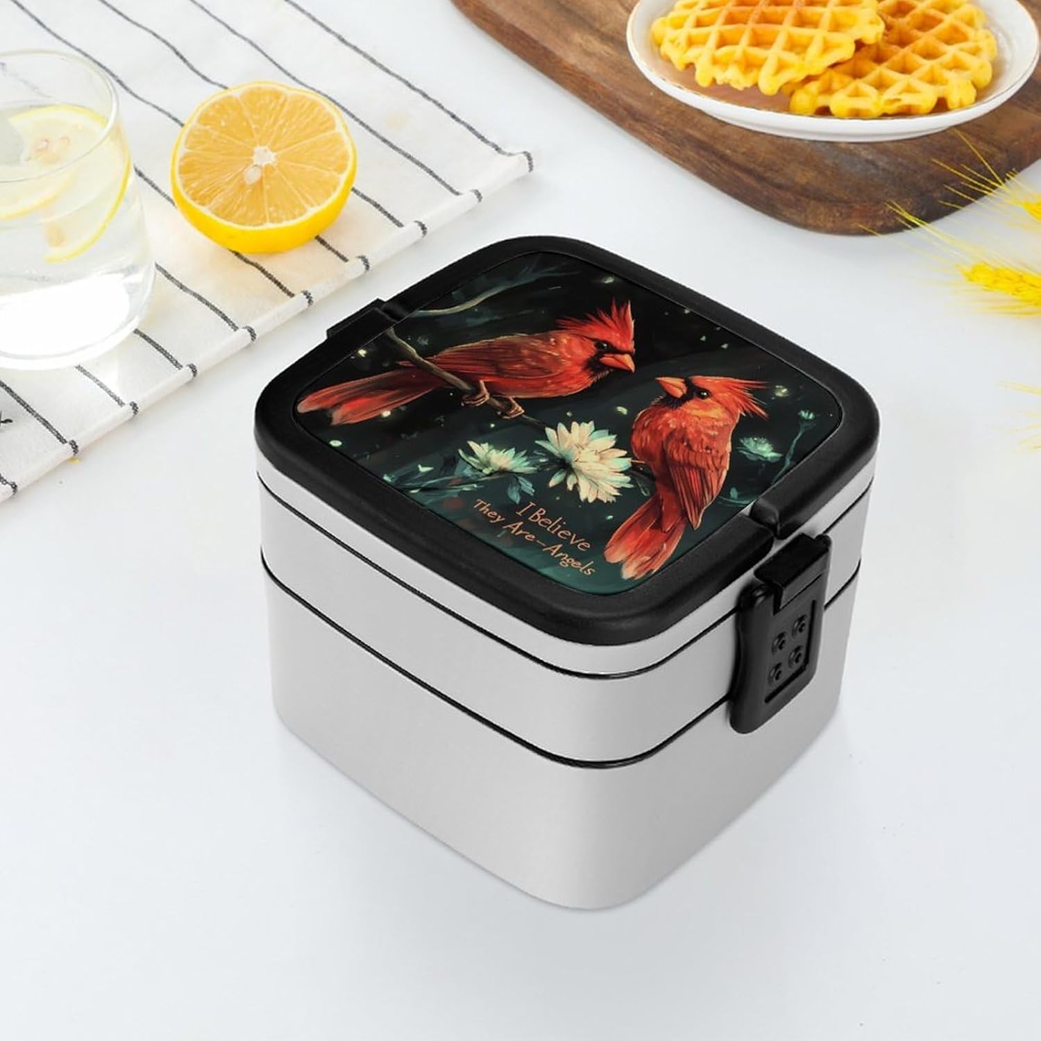 Cardinal Birds Bento Box with Spoon 2 Layer Food Container Cute Lunch Box for Travel Dining Work