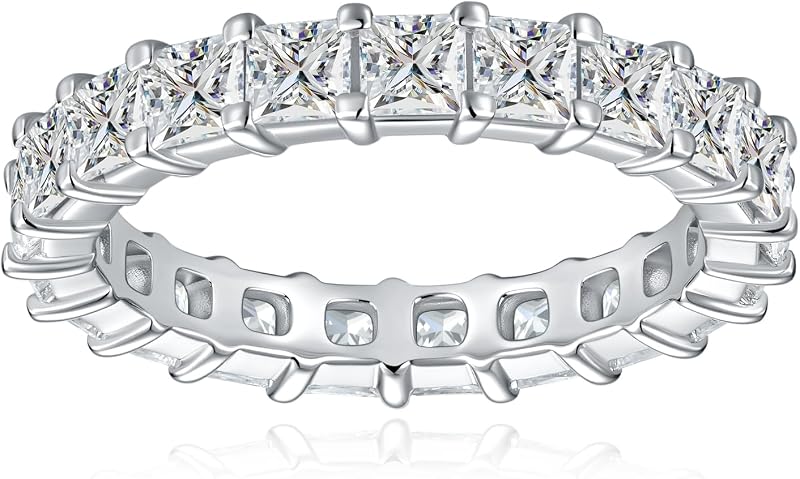 Moissanite Eternity Ring for Women, Princess Cut 3mm Band | 5.7-7.2 CT TW, D Color VVS1, White Gold Plated Full Eternity Wedding Band, Anniversary Engagement Ring