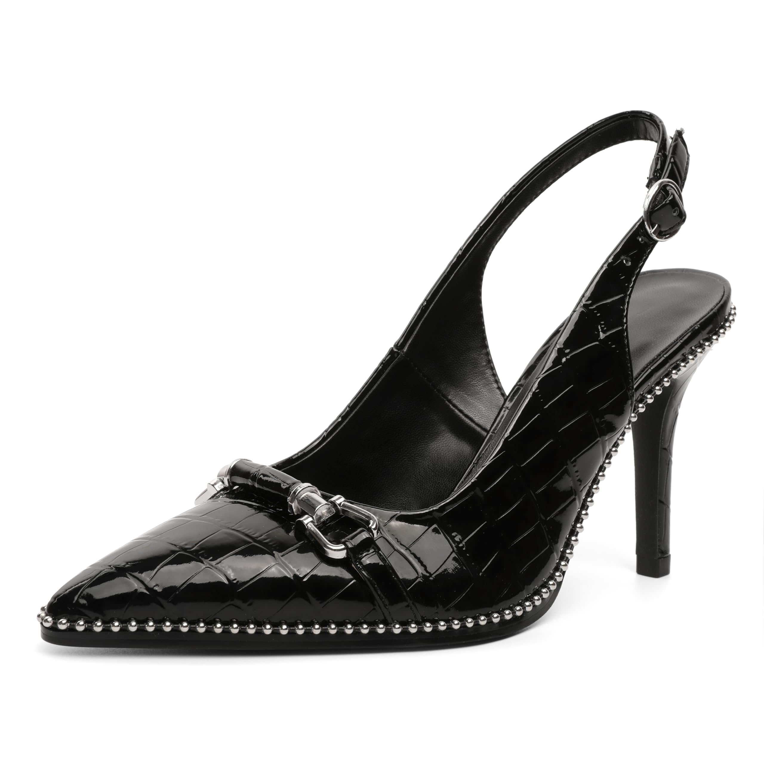 AUMOTED Women Beaded Pumps Slingback High Heel Stilettos Pointed Toe Shoes Slip On 3.5 Inch Ankle Strap Adjustable Patent Leather US Size 5-13