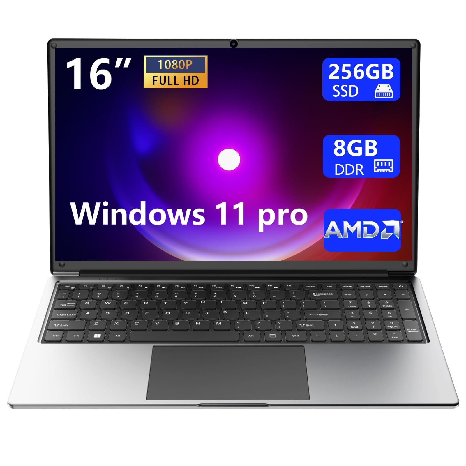Laptop 16-inch 8GB DDR 256GB SSD portable laptop computer, expandable to 1TB, AMD A9-9400 Radeon R5 CPU up to 3.2 GHz, 9000mAh battery, Numeric Keypad, USB 3.0, dual-band WiFi, webcam, slim laptops