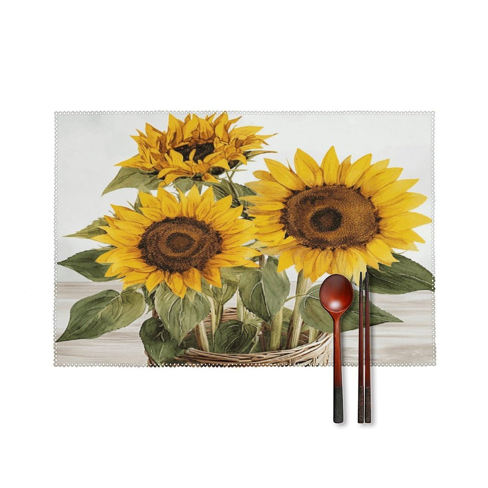 Alluring Sunflowers Summer Placemats Set of 6 Heat Resistant Non-Slip Place Mats Washable Wipeable Table Mats Elegant Farmhouse Placemat for Kitchen Dining Outdoor Party Table Decor
