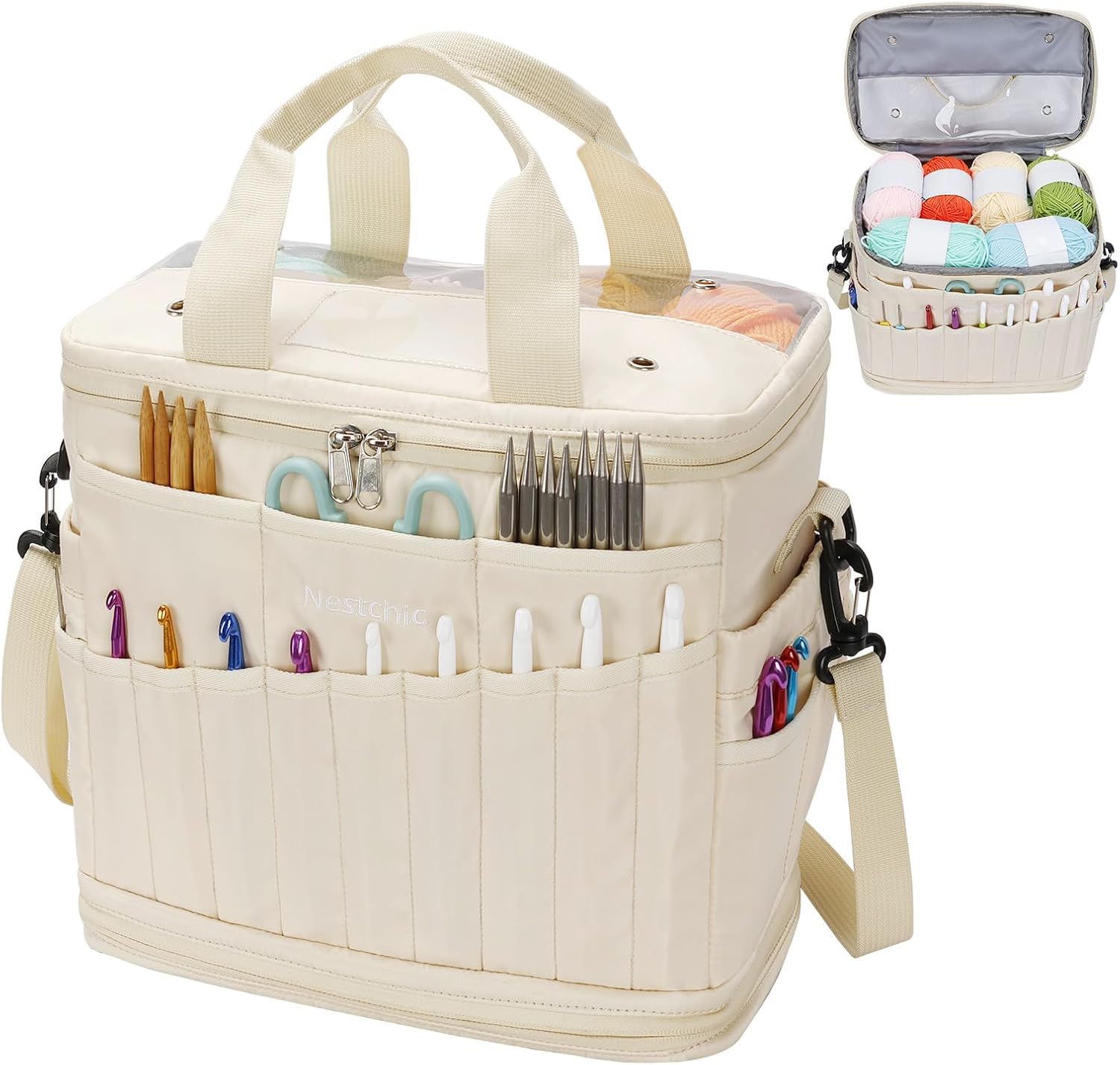 Expandable Crochet Bag,Anti-Tangle Yarn Storage Organizer, Durable Knitting Project Bags for Crocheting Accessories, Portable Travel Yarn Bag for Knitters & Crocheters.ldeal Gift for Women(khaki)