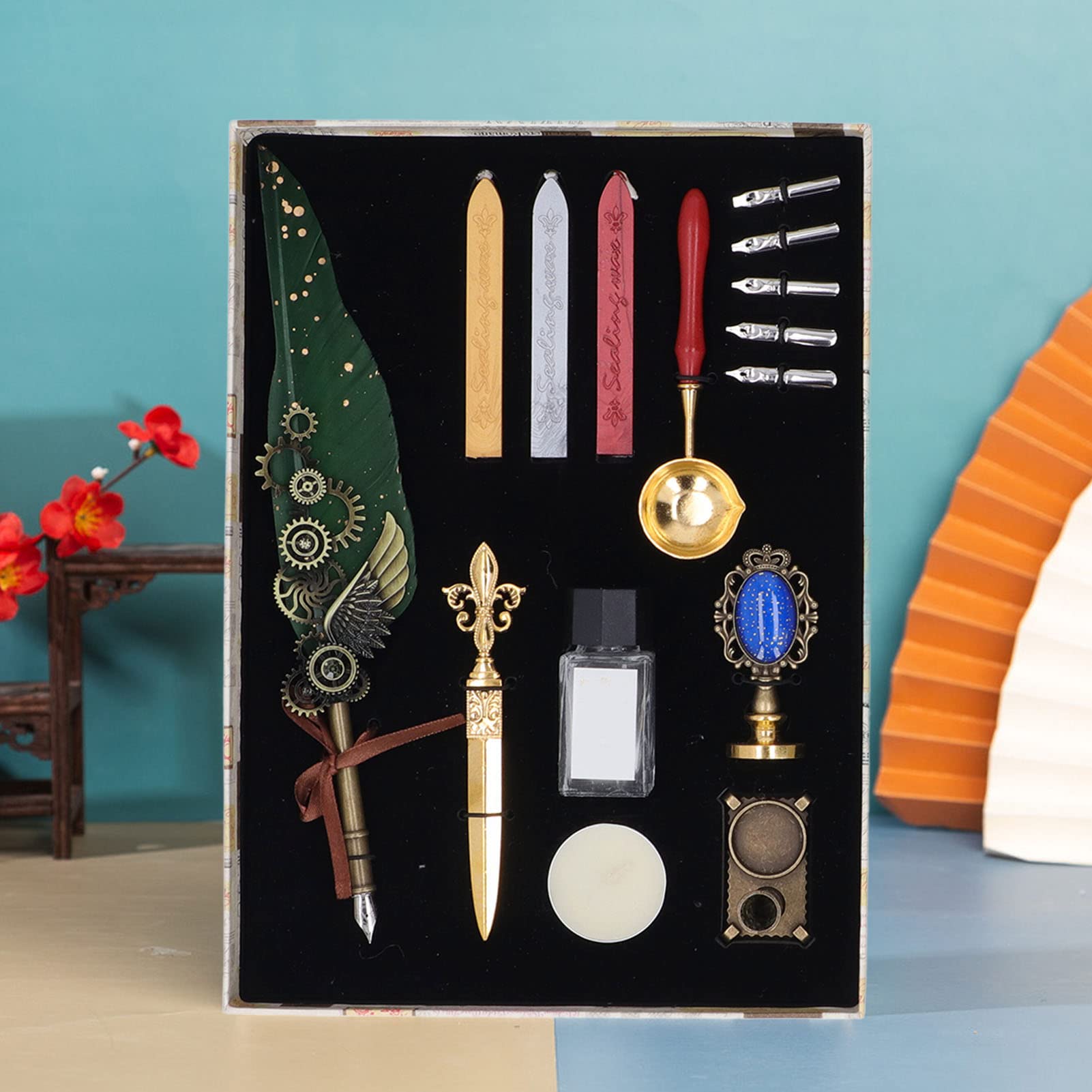 Ensemble de stylos, kit de stylo plume avec pointe fine et laiton, ensemble de stylos de calligraphie pour l'écriture gothique et italienne, comprend de la cire de feu, un (Vert OD)