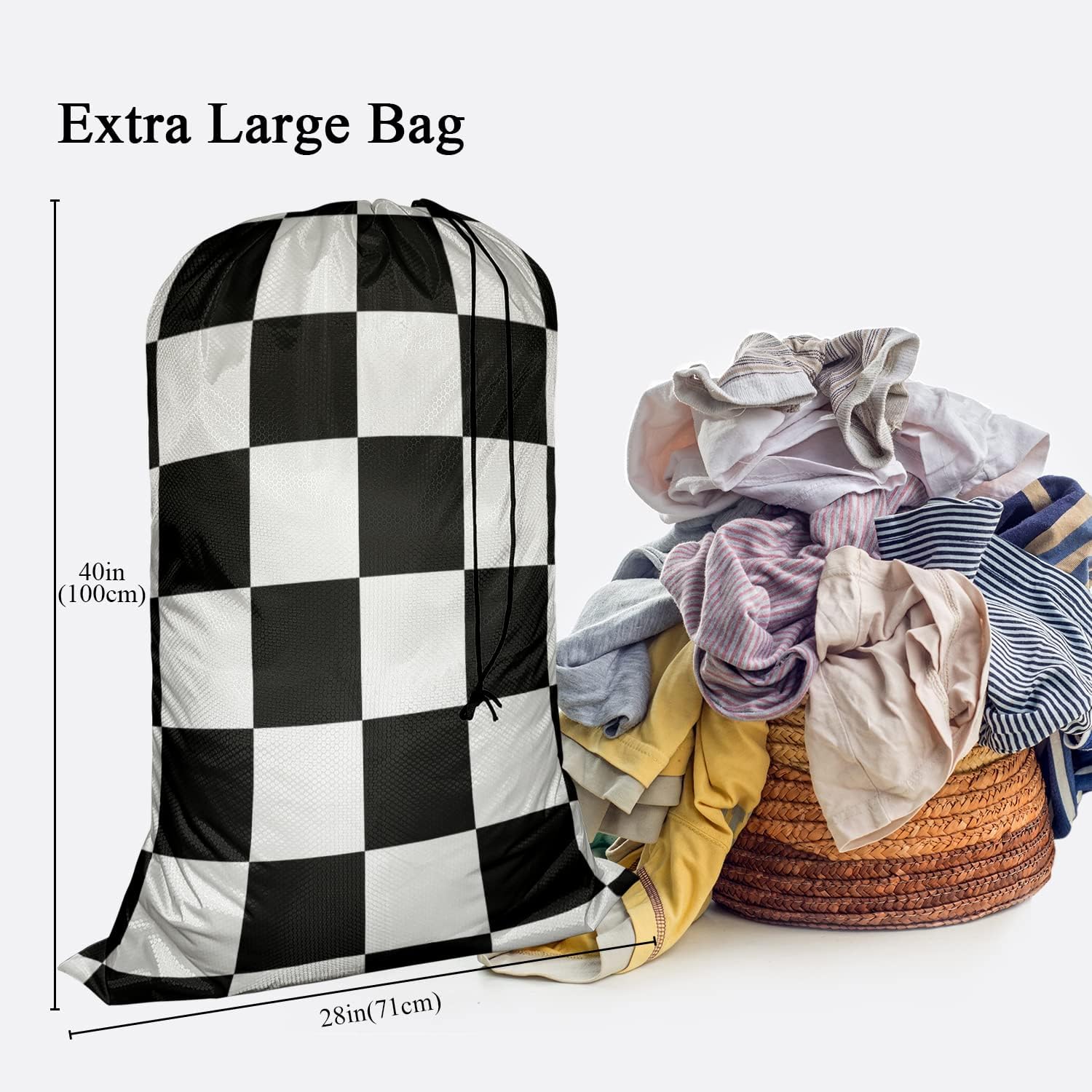 Swono Laundry Bag Drawstring Closure, Plaid Chess Board Black White Heavy Duty Laundry Portable for Home Dorm Room Essentials for Travel Camp, Oxford Cloth 28x40 Inch image 2