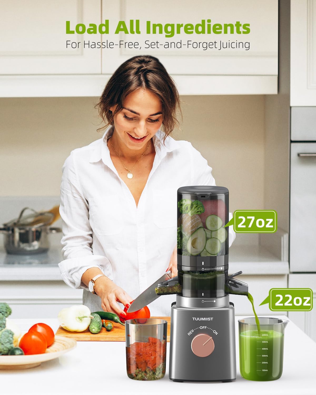 Juicer Machines, TUUMIIST Cold Press Juicer with 4.25'' Large Feed Chute Fit Whole Vegetable And Fruit, Masticating Juicer Easy To Clean, Dark Grey