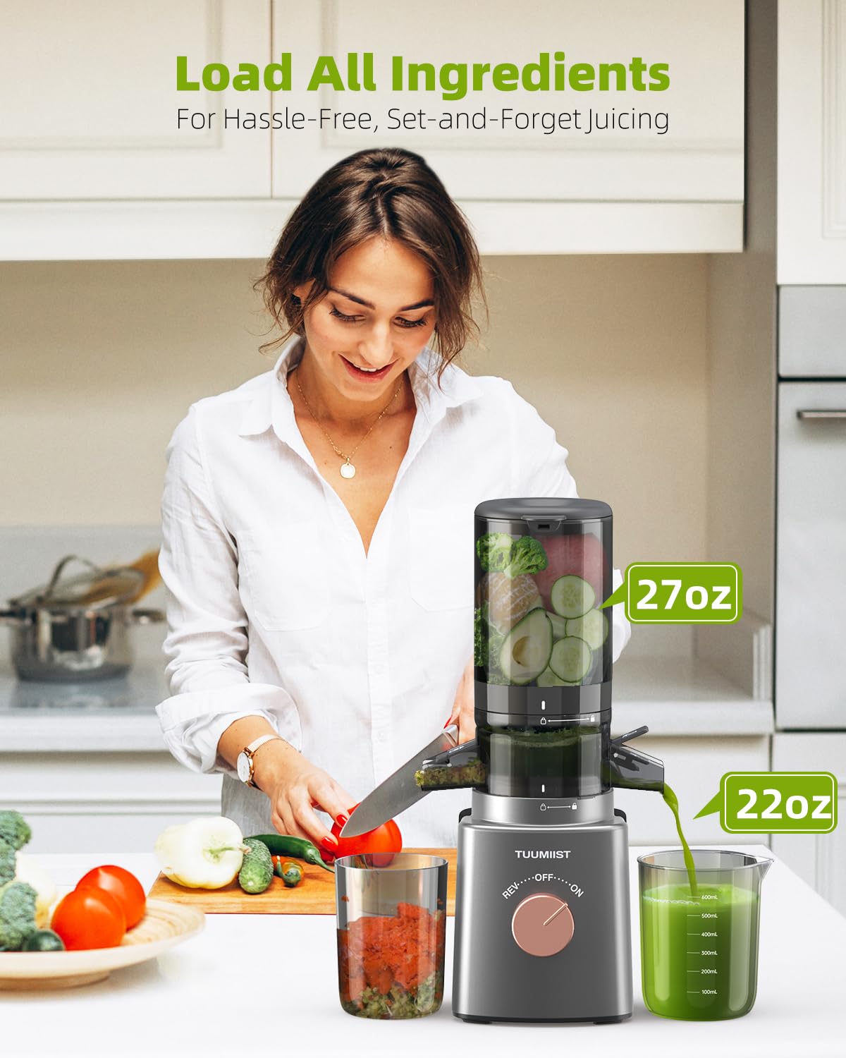 Juicer Machines, TUUMIIST Cold Press Juicer with 4.25'' Large Feed Chute Fit Whole Vegetable And Fruit, Masticating Juicer Easy To Clean, Dark Grey