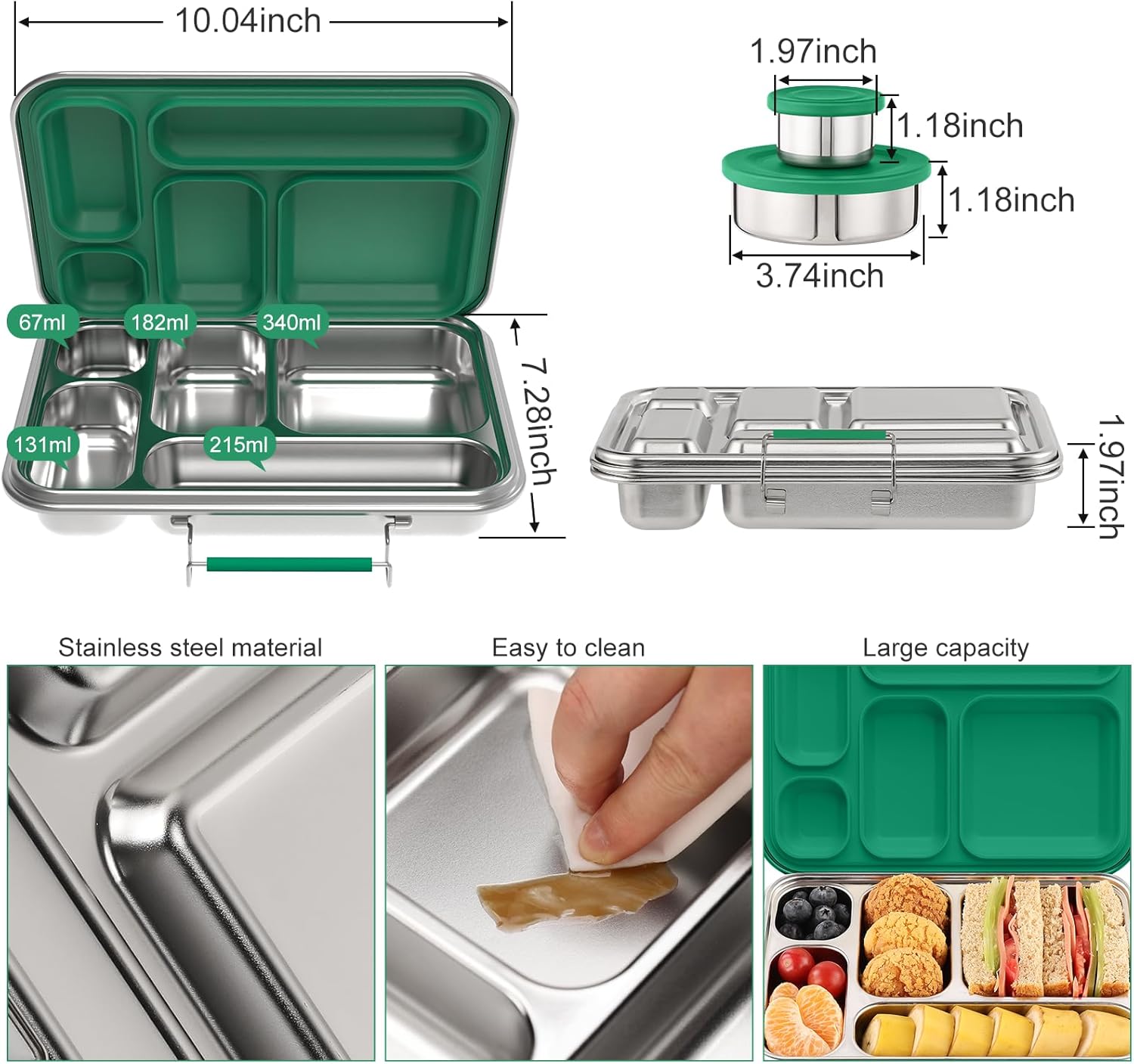 Stainless Steel Bento Box for Adults & Kids, 5-Compartment Lunch Box with 2 Sauce Containers, BPA-Free Bento Lunch Container, Dishwasher Safe, School & Work Meal Prep Lunch Container (Green)