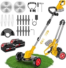 Folding Battery Brushcutter, 21V Electric Trimmer with 2 Batteries, 3 Types of Blades, Cordless Electric Lawn Mower with Wheels, Adjustable Height for Garden and Lawn