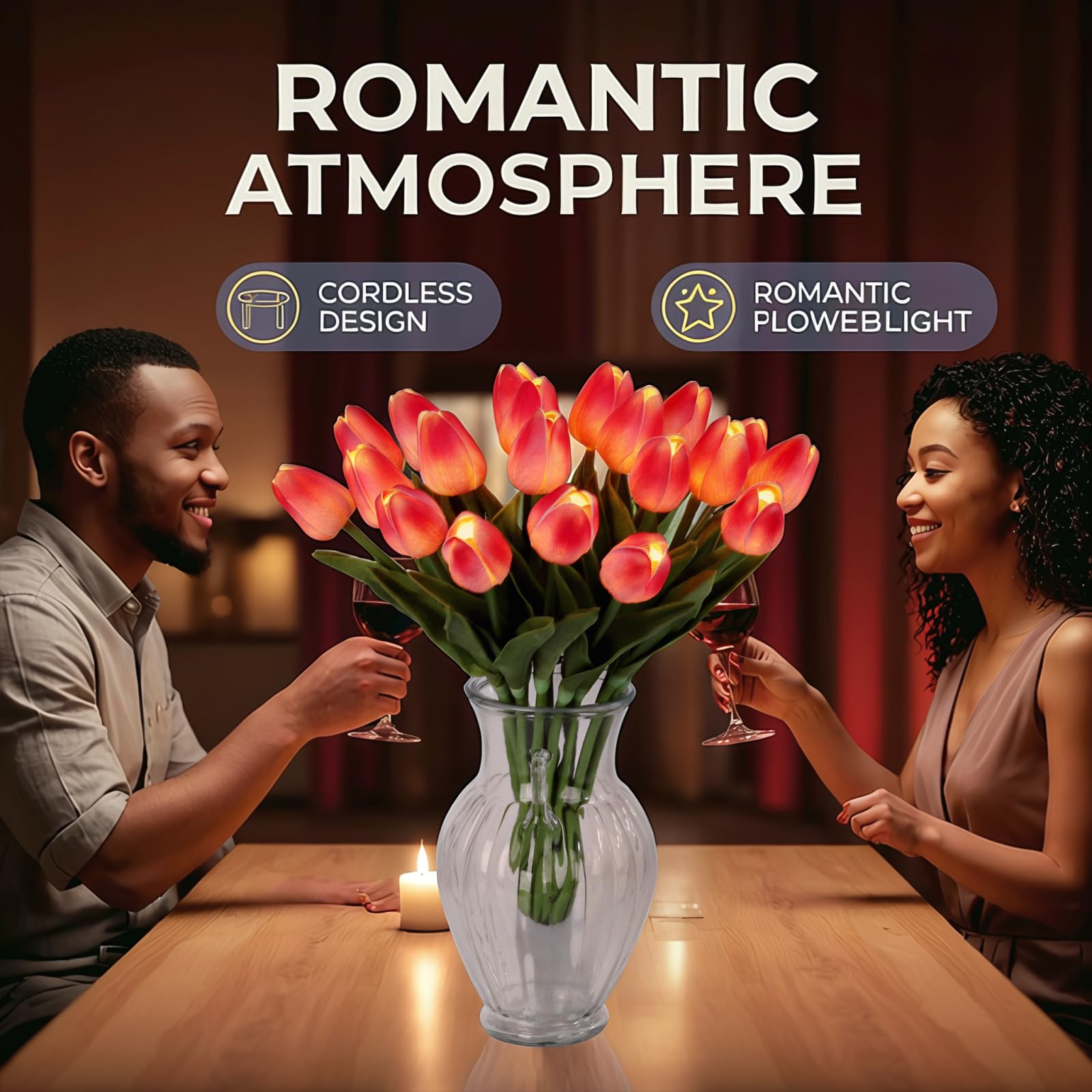 HOMESEASONS 20 Stück Tulpenstrauß-Lampen, künstliche Blumen, Nachtlicht, fühlt sich echt an, Tulpen-Nachtlampe, LED-Blumenlicht für Zuhause, Küche, Dekoration (Hot Pink)