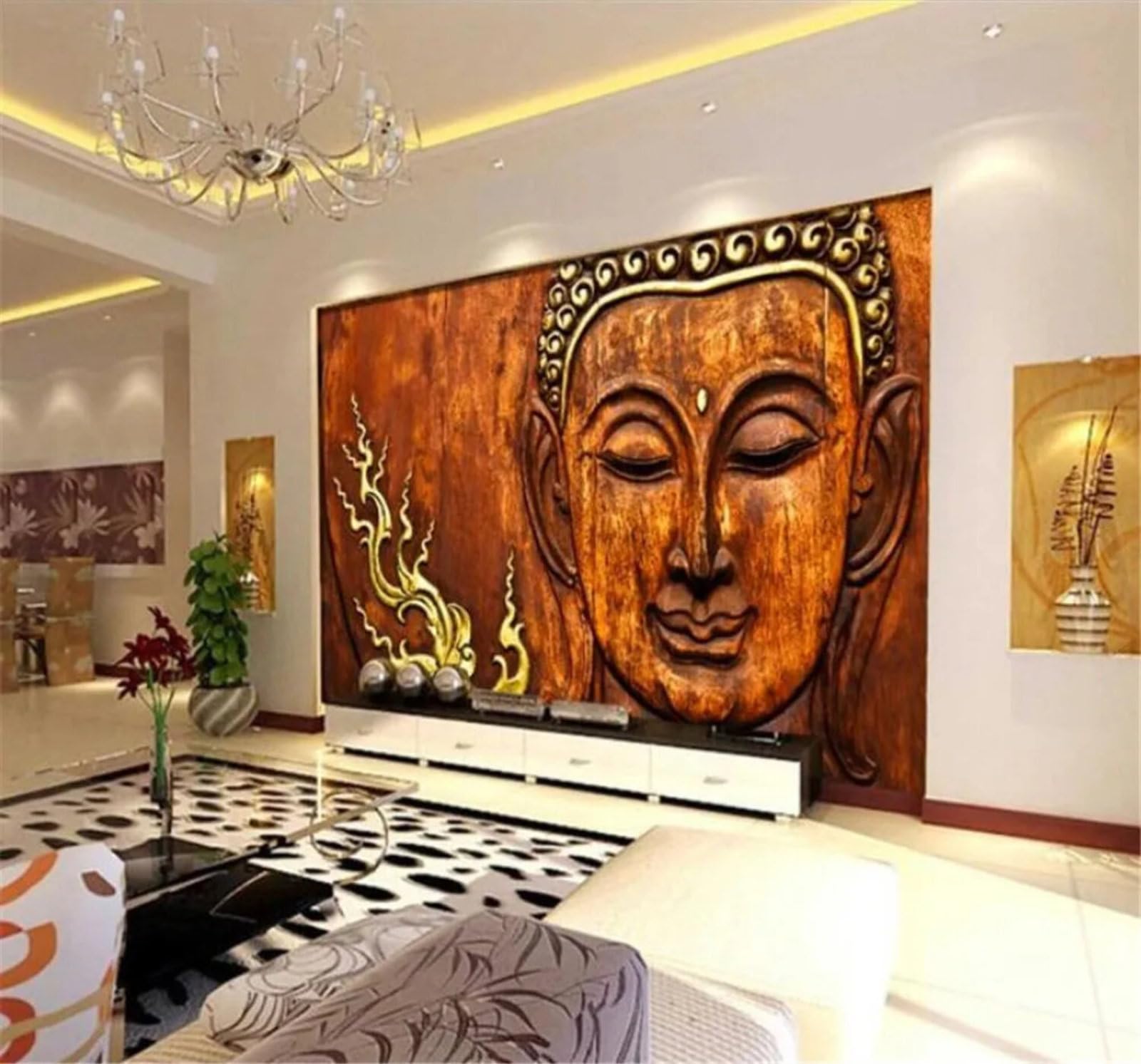 Tzxztt Vintage Creative Buddha Statue Wood Carving Unique Modern 3D Wallpaper Premium Textured Silk Neutral Tones Material Ideal for Living Room Bedroom-250cm×170cm