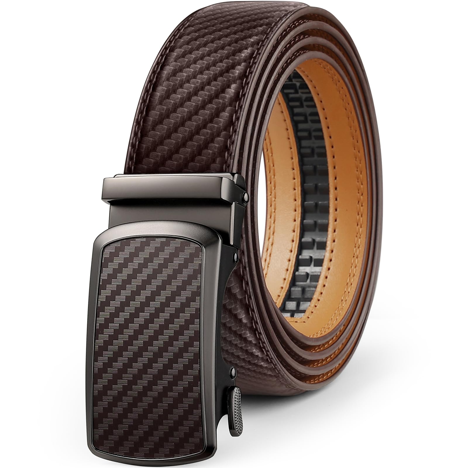 Drowsmen Leather ratchet belt 1 3/8" with Click Sliding Automatic Buckle, Adjustable belt Trim to Fit
