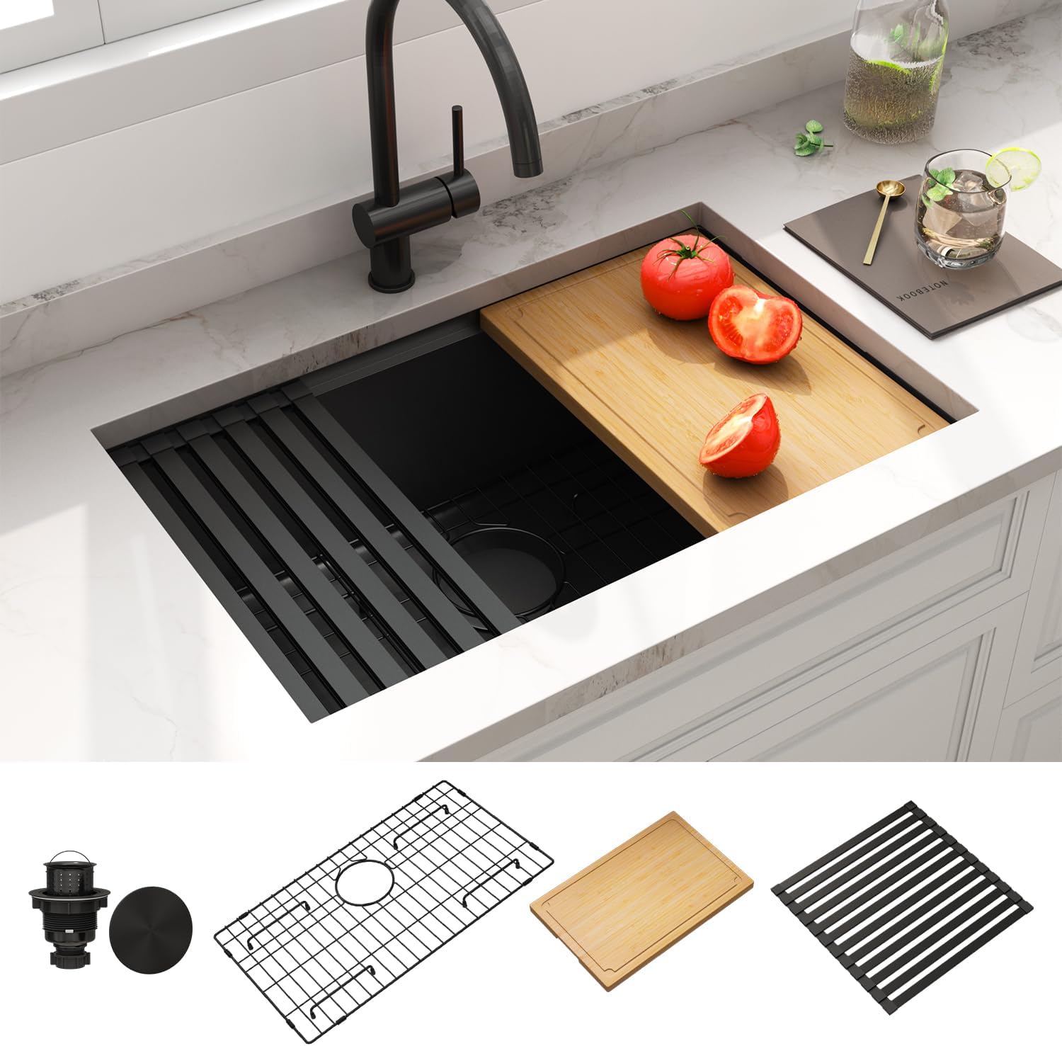 LQS Undermount Kitchen Sink, 28 Inch Black Kitchen Sink product image