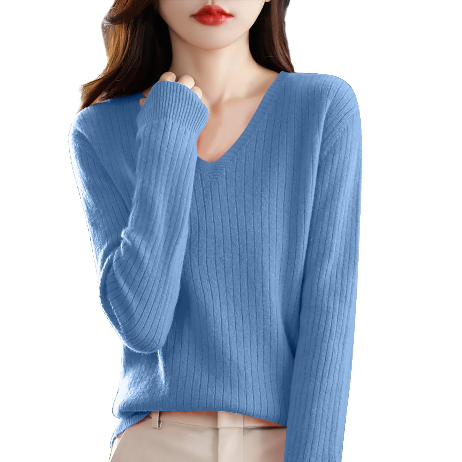 Cashmere Sweaters for Women Trendy V Neck Long Sleeve Seamless Soft Pullover Oversized Tops Winter Spring Clothing