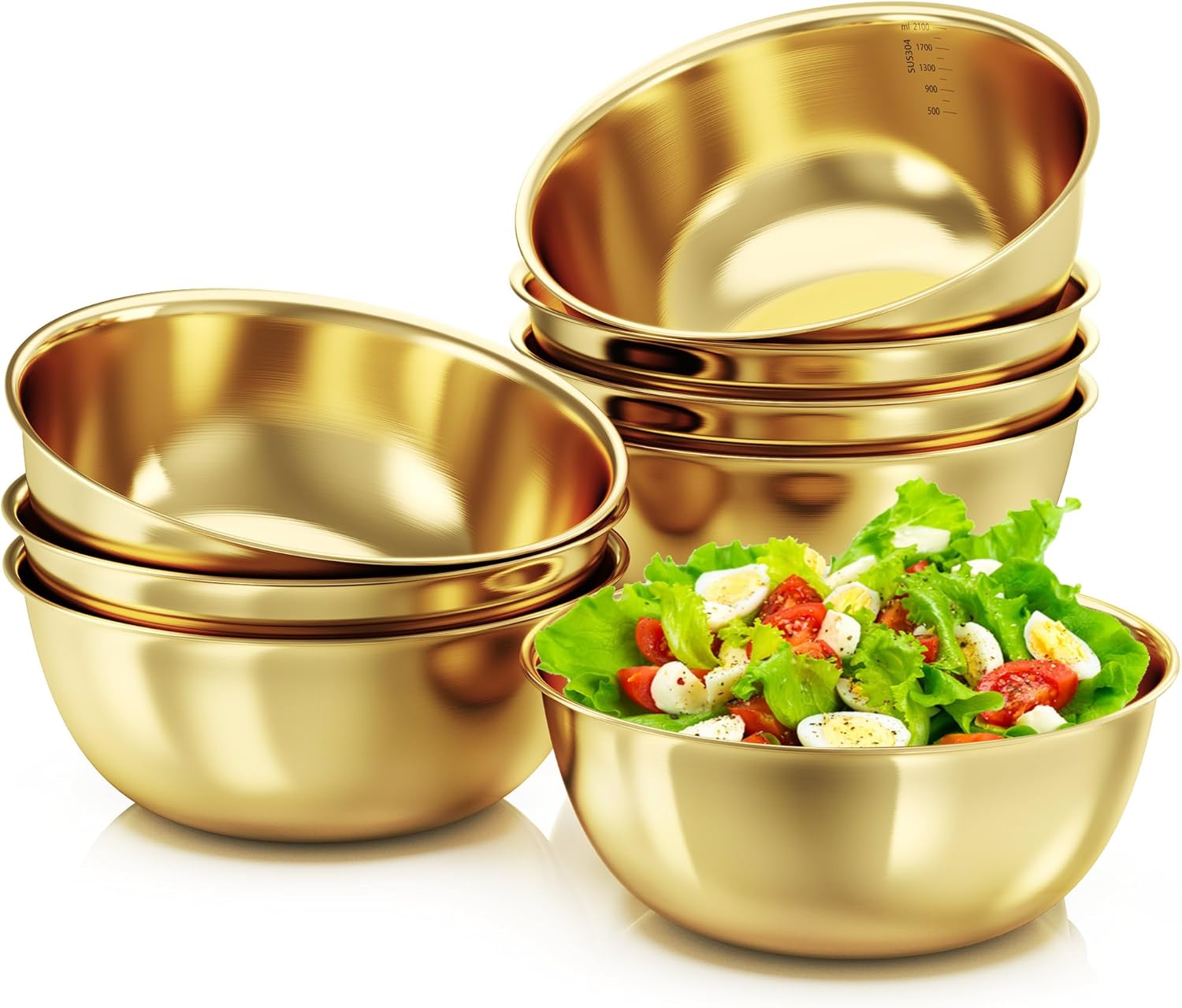 8 Pcs Gold Stainless Steel Mixing Bowl with Scale, 74 OZ Salad Mixing Bowl, 8.26 In Serving Bowl Large Noodle Bowl, Kitchen Decor Cooking Bowl for Soup Fruit Sauce Pasta Snack (2100 ML)