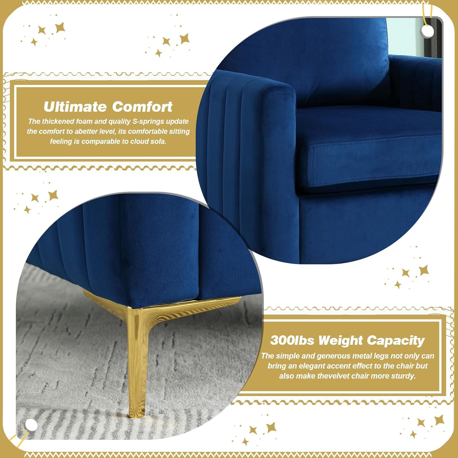 Modern Velvet Accent Chair, Comfy Living Room Armchair with Thick Cushion, Upholstered Reading Armchair, Mid Century Sofa Chair with Gold Legs, Side Chair for Living Room, Bedroom, Office, Club, Blue