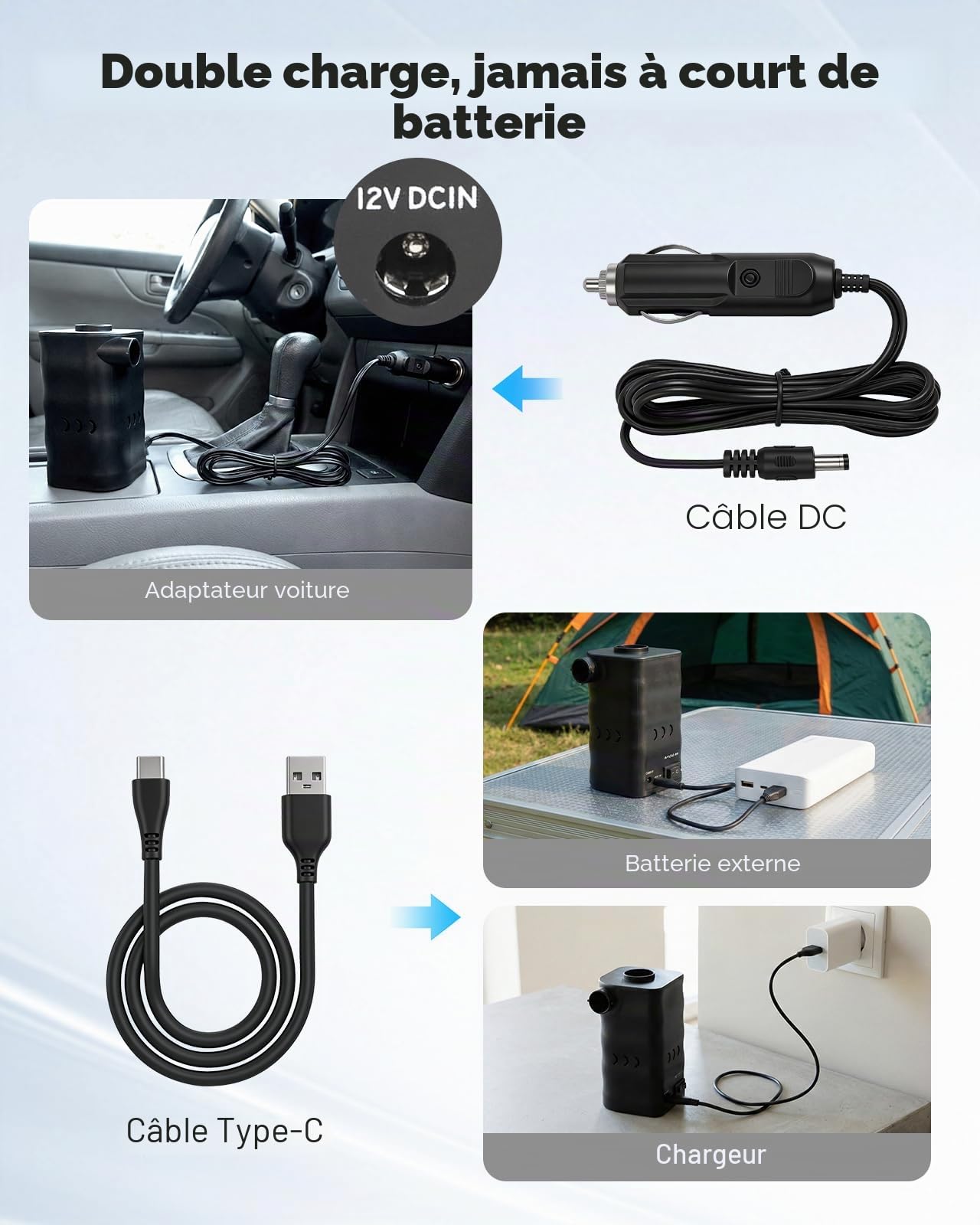 Zacro Pompe à air électrique avec charge USB et CC - Batterie intégrée de 6000 mAh avec 3 buses pour matelas gonflable, coussin, lit, bateau et bouée