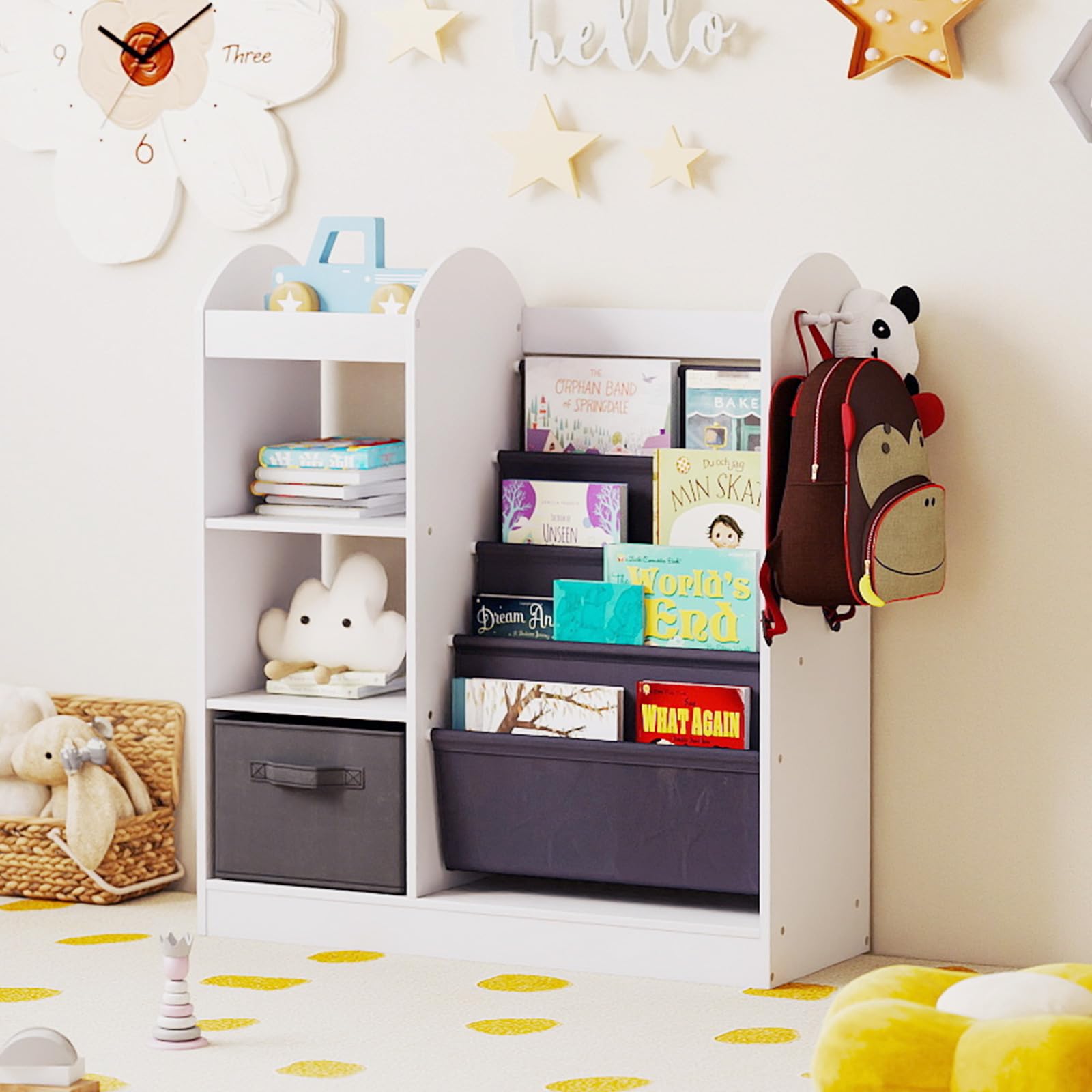 RELAX4LIFE Scaffale Portagiochi Bambini, Libreria con Specchio, 3 Ganci e Cassetto Rimovibile, Scaffale Montessori Bambini per Cameretta, Stanza Giochi e Asilo (Bianco)
