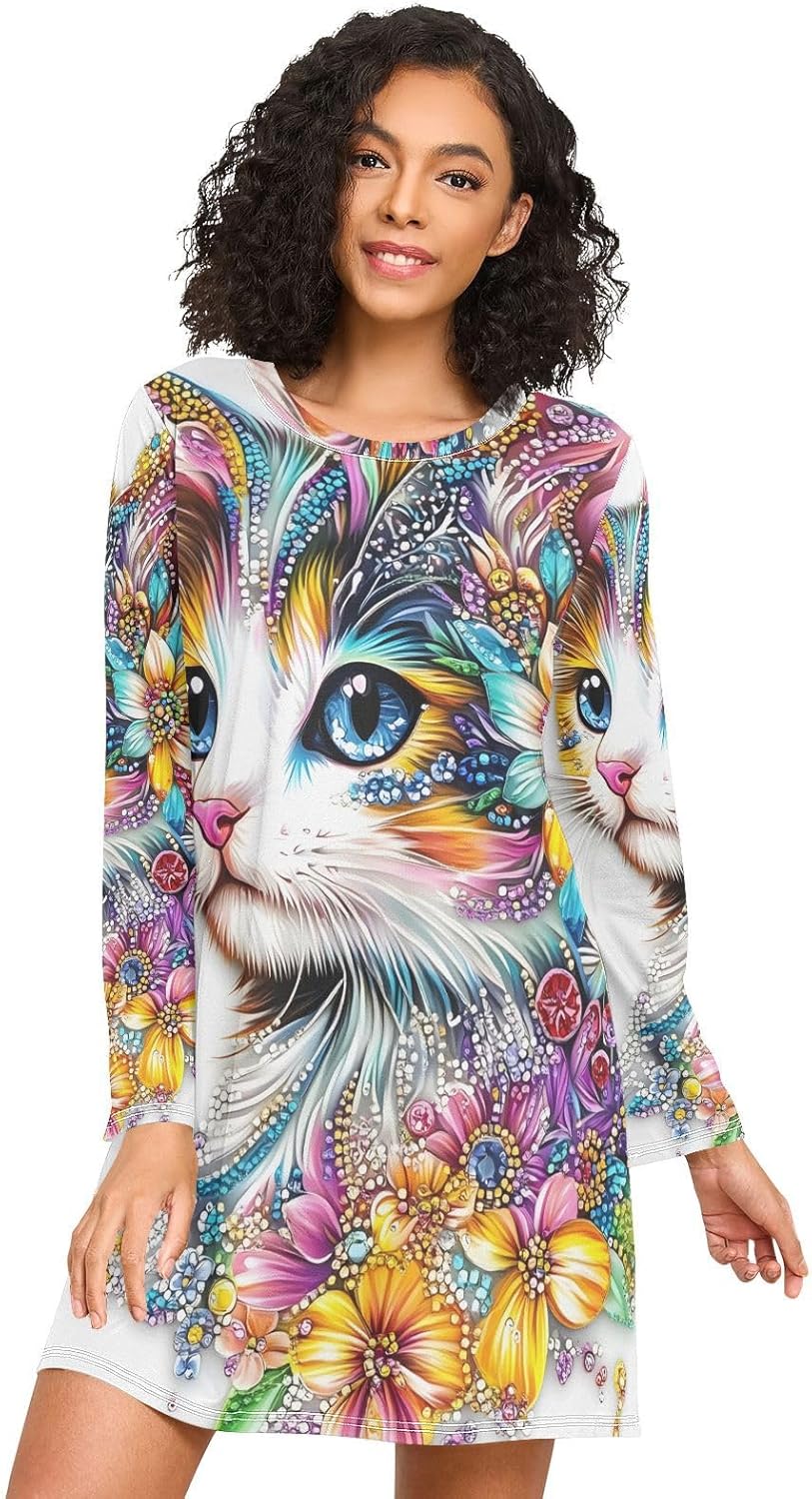 Long Sleeve Womens Sleepshirt, Cozy Crewneck Sleep Dress, Casual Womens Nightgowns, Cute Cat Floral Print