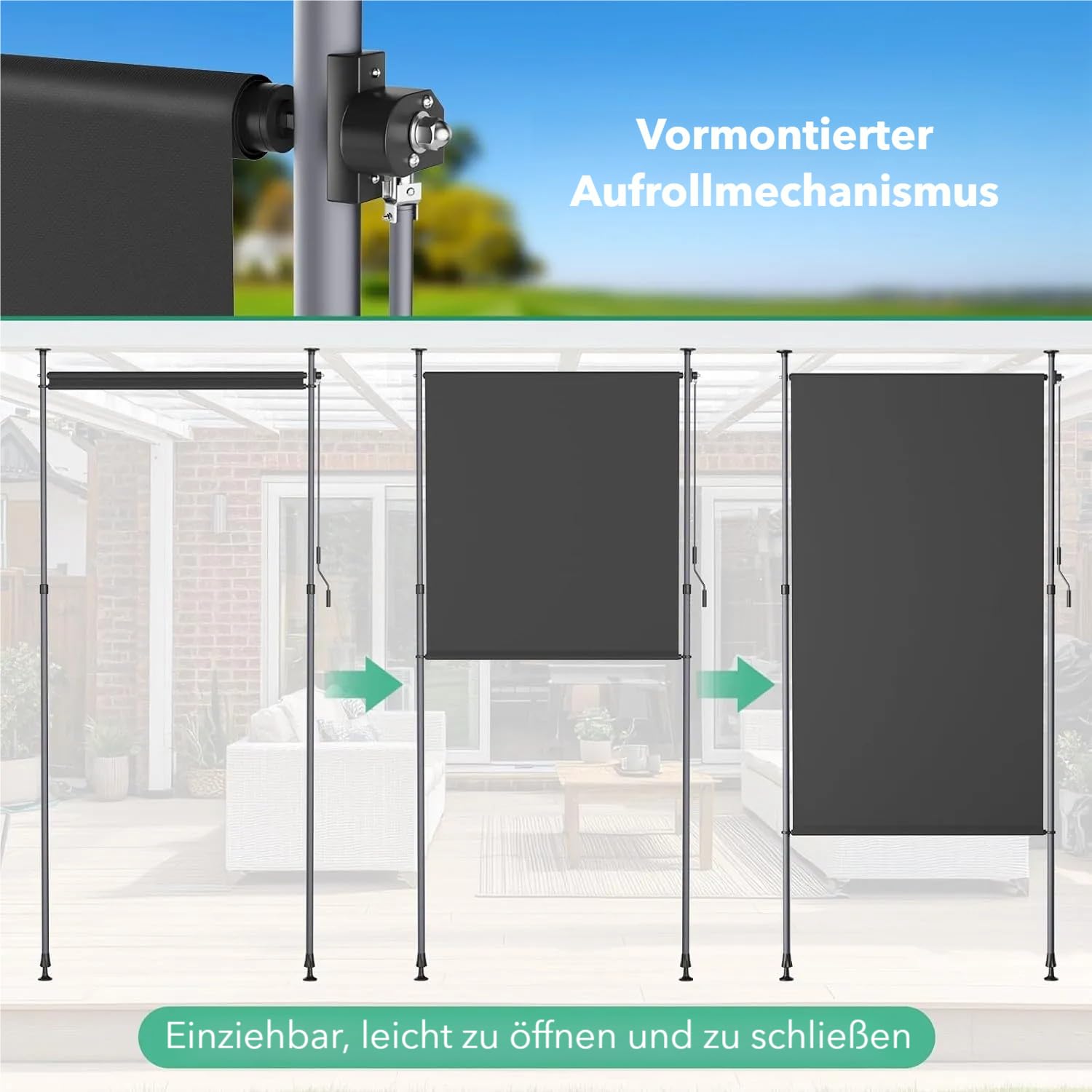 LIFERUN 120x310cm Senkrechtmarkise Balkon Außen ohne Bohren, Vertikalmarkise,Markise Balkon Garten Terrasse Außenrollo Klemmmarkise Sichtschutz Sonnenschutz,Wetterfest Windschutz,2 PCS Stangen