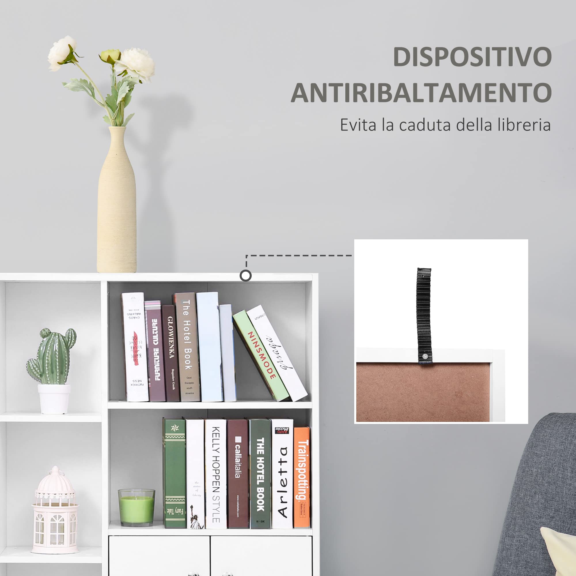 HOMCOM Libreria Scaffale Salvaspazio con 2 Porte 80x23.5x123cm Bianco | Design Moderno, da Salotto, Pannelli di Particelle