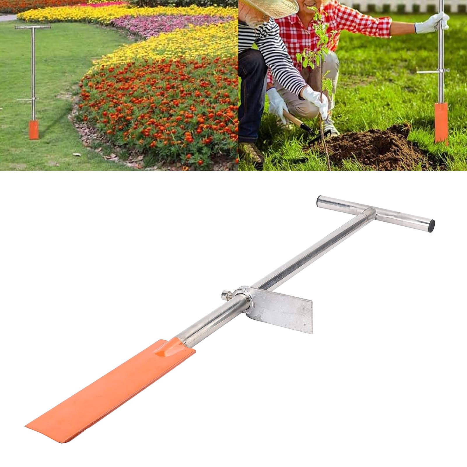 Dibble Bar Pflanzwerkzeug mit Fußpedal, Edelstahl-T-Griff, Spatenschaufel zum Graben, Umpflanzen, Gartenarbeit