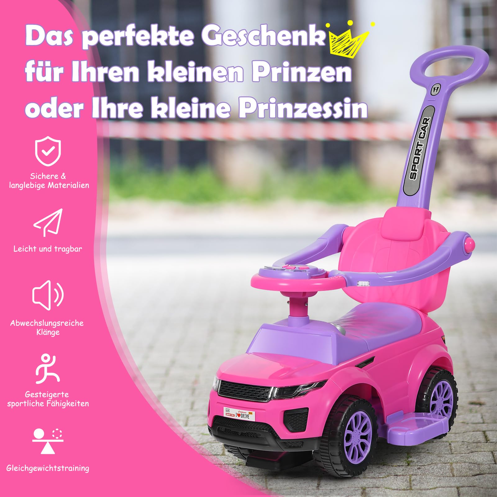 GOPLUS 3-in-1 Rutschauto mit Schiebestange, Rutschfahrzeug Sound, Stauraum, Hupe, Licht, Griff & Sicherheitsgurt, Kinderauto für Kinder ab 1 Jahr (Rosa