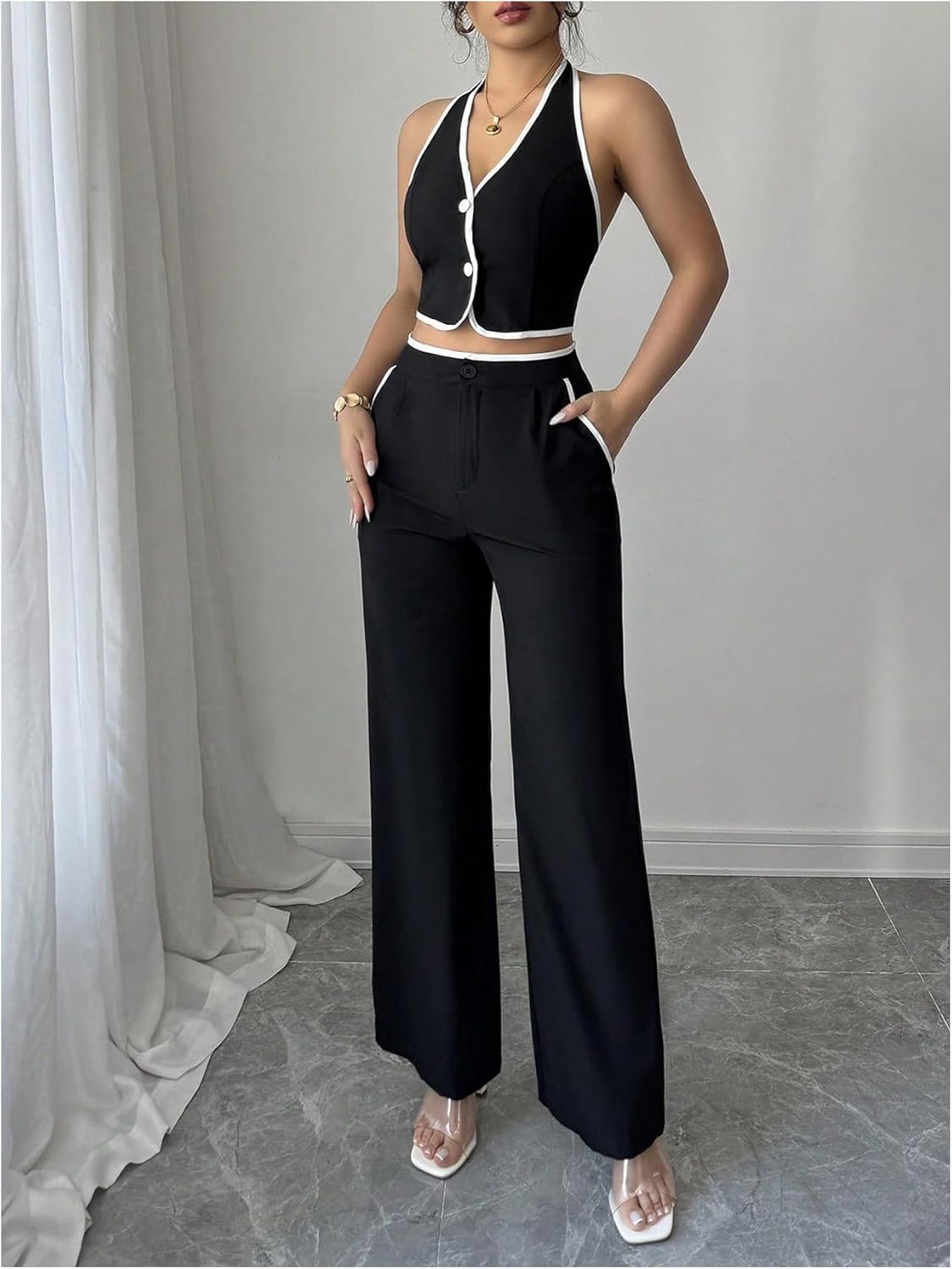 SOLY HUX Women's Summer 2 Piece Outfits Halter Crop Tops and Wide Leg Pants Business Casual Sets - Image 3