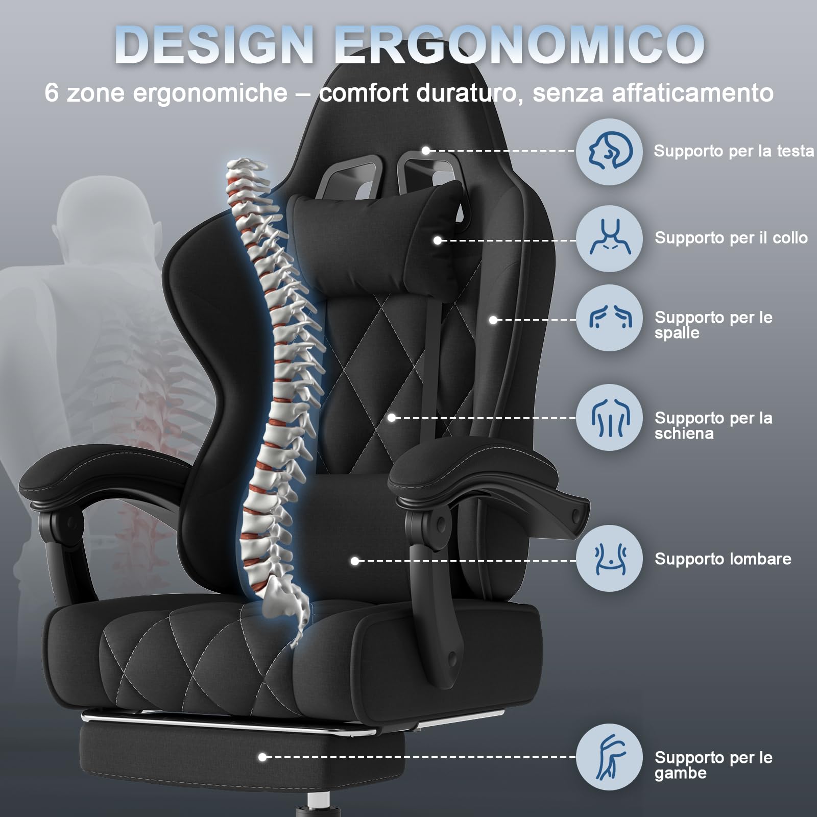 Devoko Sedia da Gaming in tessuto, Sedie Ufficio Ergonomica, Sedia Massaggiante con braccioli, Poltrona con cuscini imbottiti a molle, con ruote, braccioli, 360°girevole, Regolabile in altezza, Nera