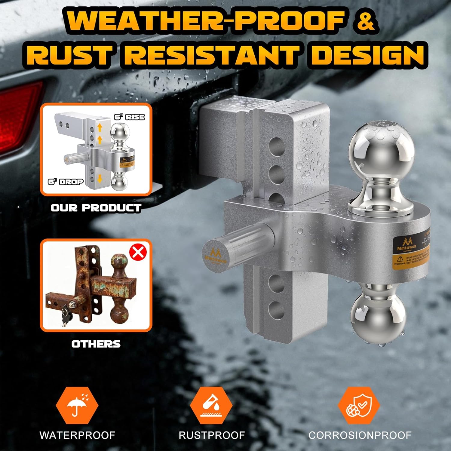 Adjustable Trailer Hitch -Drop Hitch 2.5 Inch Receiver, Aluminum Tow Hitch with 6" Drop/Rise, Dual Ball Mount (2" & 2-5/16") Ball Hitches for Truck, Weatherproof 2X Anti-Theft Hitch Pin Locks