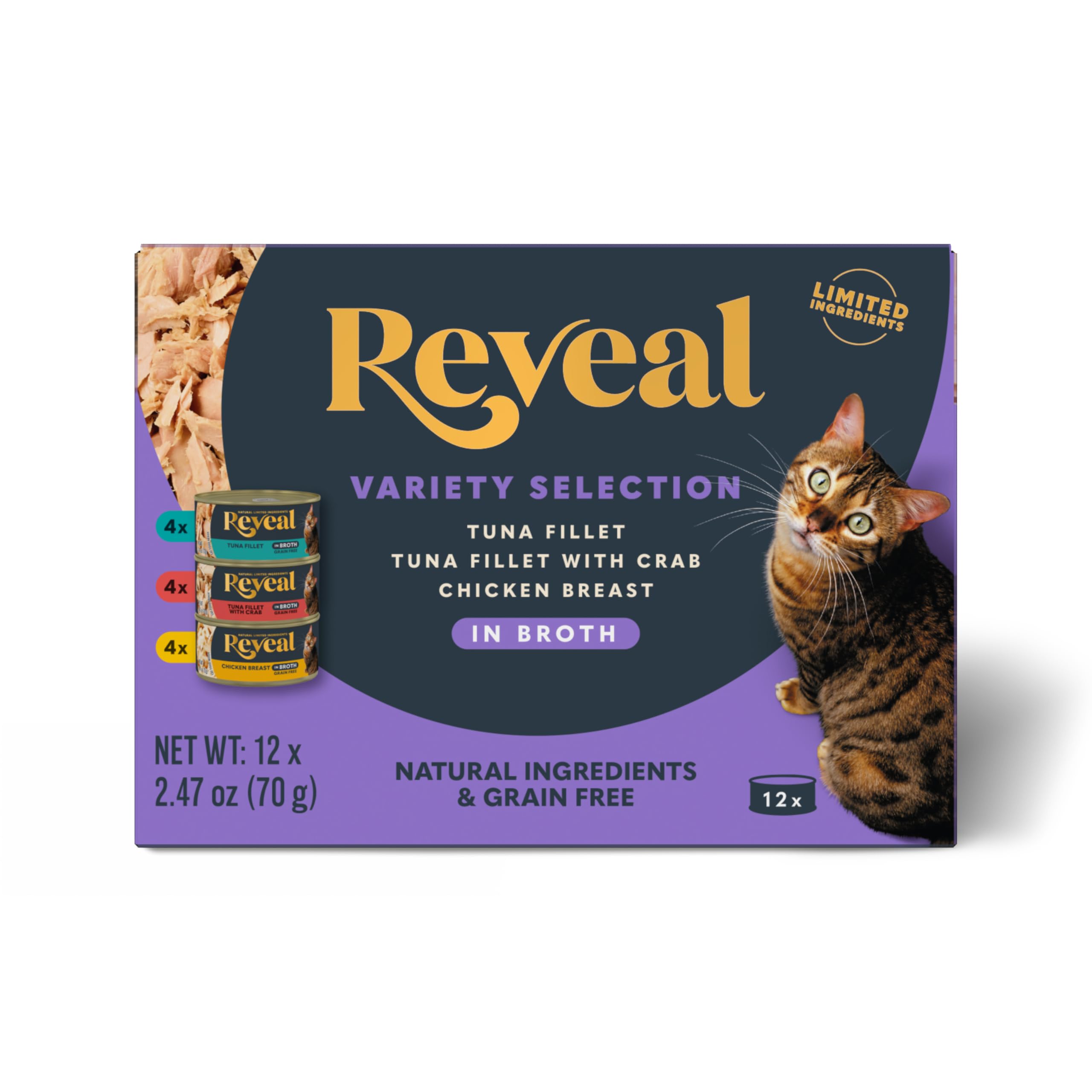 Reveal Natural Wet Canned Cat Food, 3-Flavor Variety Pack, Limited Ingredient, Grain Free, High Protein with No Artificial Additives, Fish and Chicken
