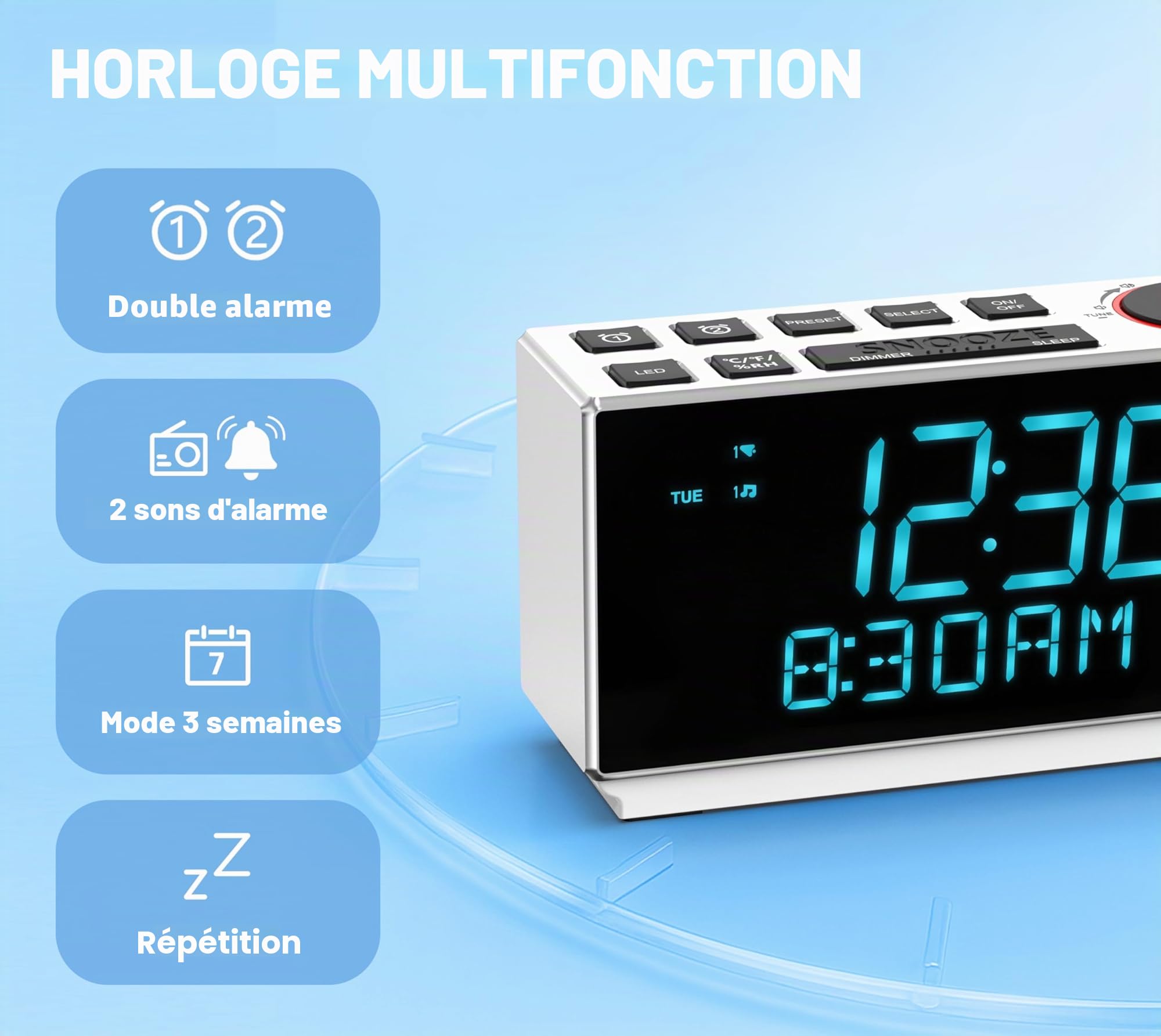 Radio-réveil DAB+ et FM avec Bluetooth, 40 préréglages, écouteurs, double réveil avec répétition et minuterie de sommeil, deux ports de charge, intensité variable, affichage de la température et de