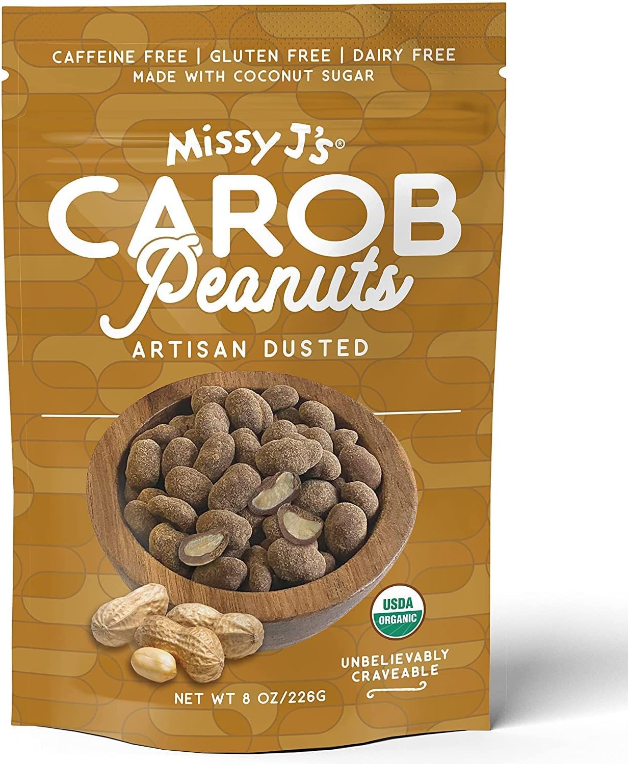 Missy J's Organic Carob Covered Peanuts 8oz. | Carob Made w/Coconut Sugar, Vegan and Gluten-Free | Healthy Caffeine Free Substitute for Chocolate, Perfect for Snacks and Treats