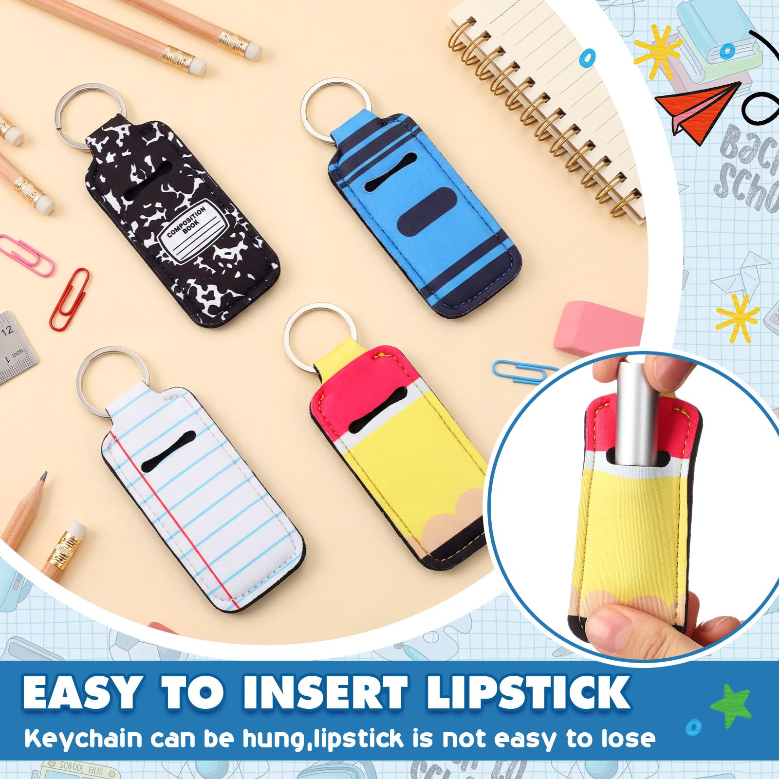 40 Pcs Back to School Teacher Gift End of Year Gift Bulk Crayon Pencil Composition Notebook Lipstick Holder Keychain Portable Lip Gloss Sleeve Pouch Pocket Lipstick Holder (Pencil)