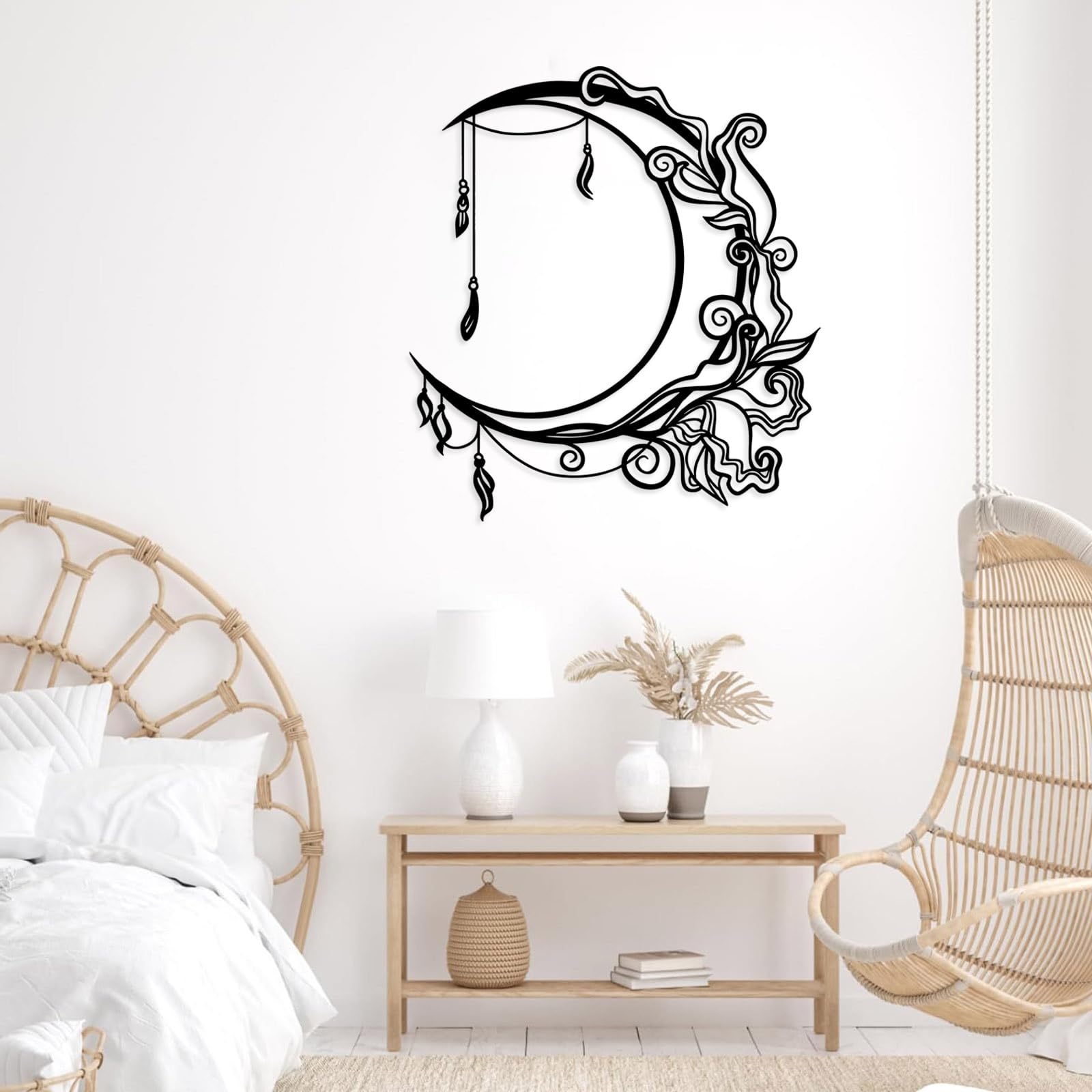 Arte de Pared Bohemio Floral con Luna Negra de Metal, decoración de Pared con Fases celestiales de Metal, Escultura Moderna de Arte Bohemio Floral con Luna para Sala de Estar, Pasillo y esca