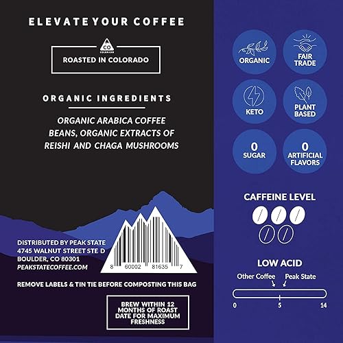 Miniatura 5 de Café Peak State con Beneficios - Granos Orgánicos de Café de Setas - Tostar Oscuro Adaptógeno STRESS LESS con Reishi y Chaga - Libre de Moho, Libre