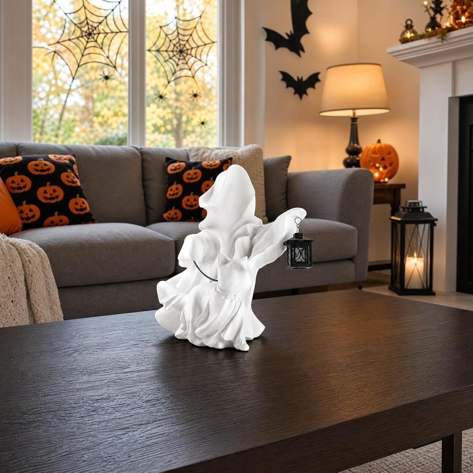 Halloween-Harz-Geist- und Katzenfigur for Wohnzimmer, Büro, Zuhause, 25 cm | Geister- und Katzenstatue aus Harz for Halloween und saisonale Heimdekoration