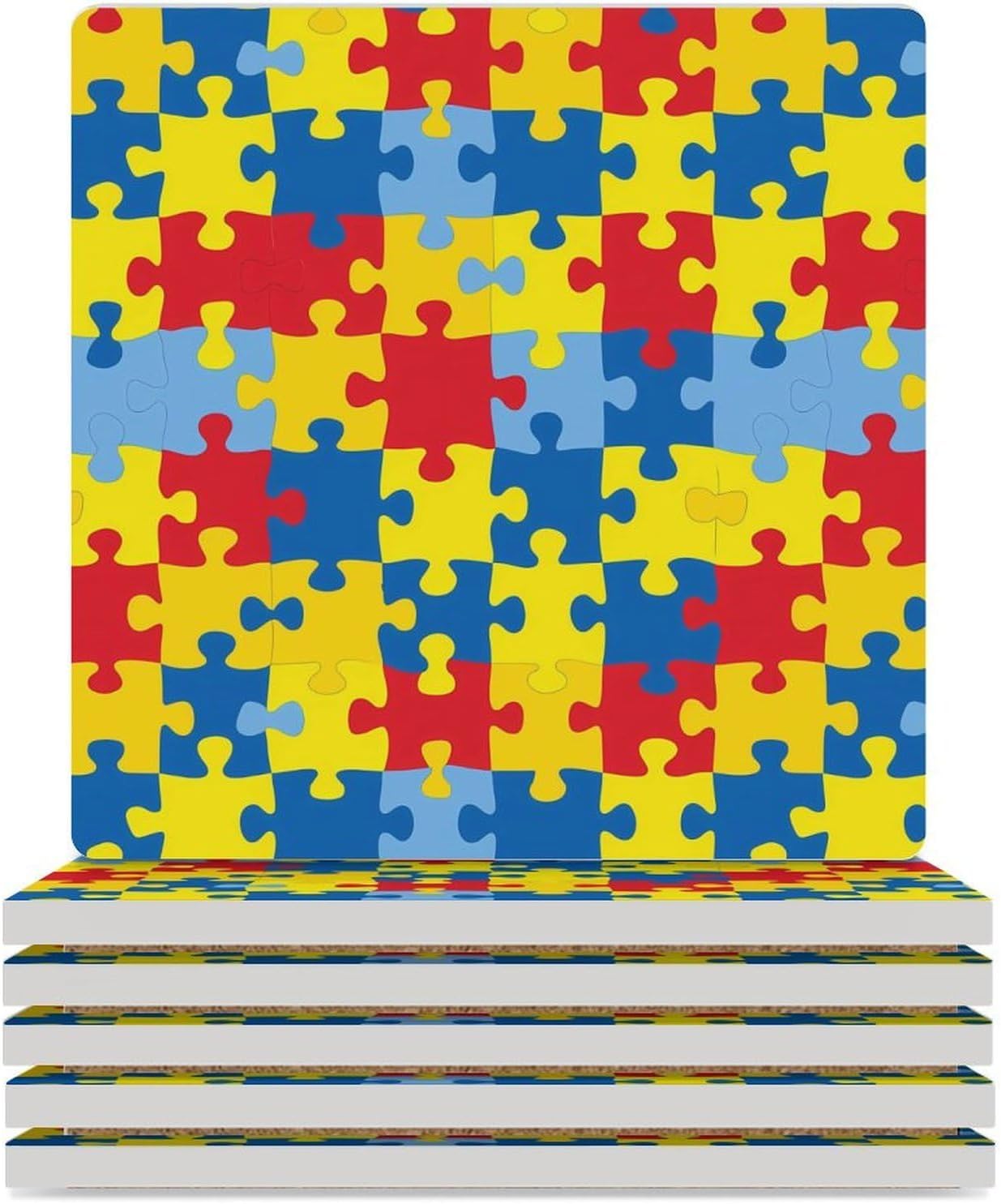 Color Autism Awareness Puzzle Coaster for Drinks Square Ceramic Table Coasters Stone Mat Crafts 4PCS Home Kitchen Decor