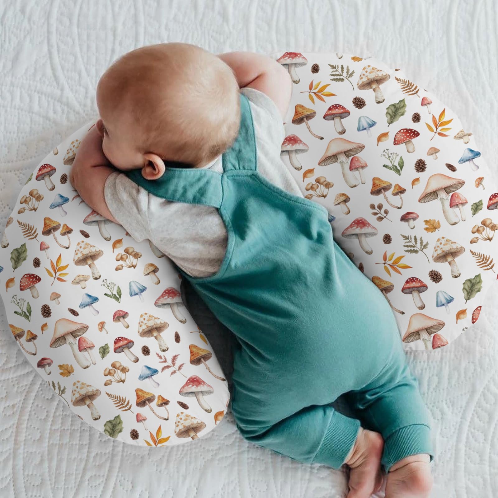 Watercolor Mushrooms Baby Nursing Pillow Covers for Boy Girl Woodland Mushrooms Leaves Nursing Slipcovers for Breastfeeding Pillows Autumn Plant Soft Stretchy Removable Cover for Newborn Infant