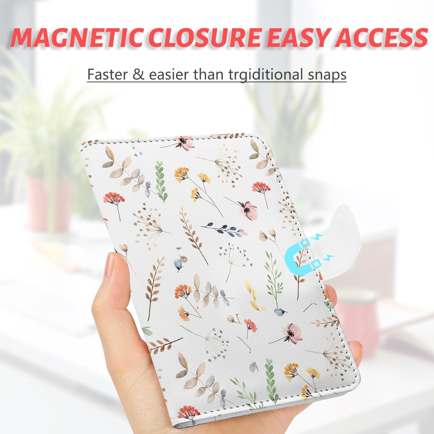 Passport Holder, Travel Wallet Cover with Pen Loop | Cute RFID Blocking Leather Case with Magnetic Closure for Travel Essentials-Flower - Image 5
