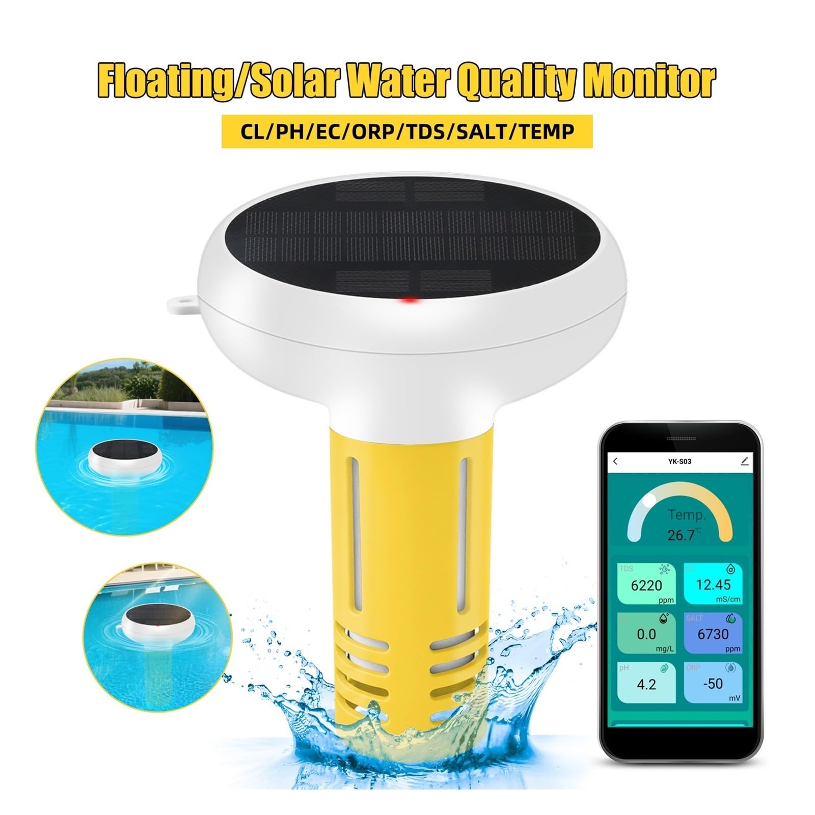 Medidor solar de calidad del agua 7 en 1 for pruebas piscinas, probador PH ORP, salinidad total sólidos disueltos,Alta precisión(Set)