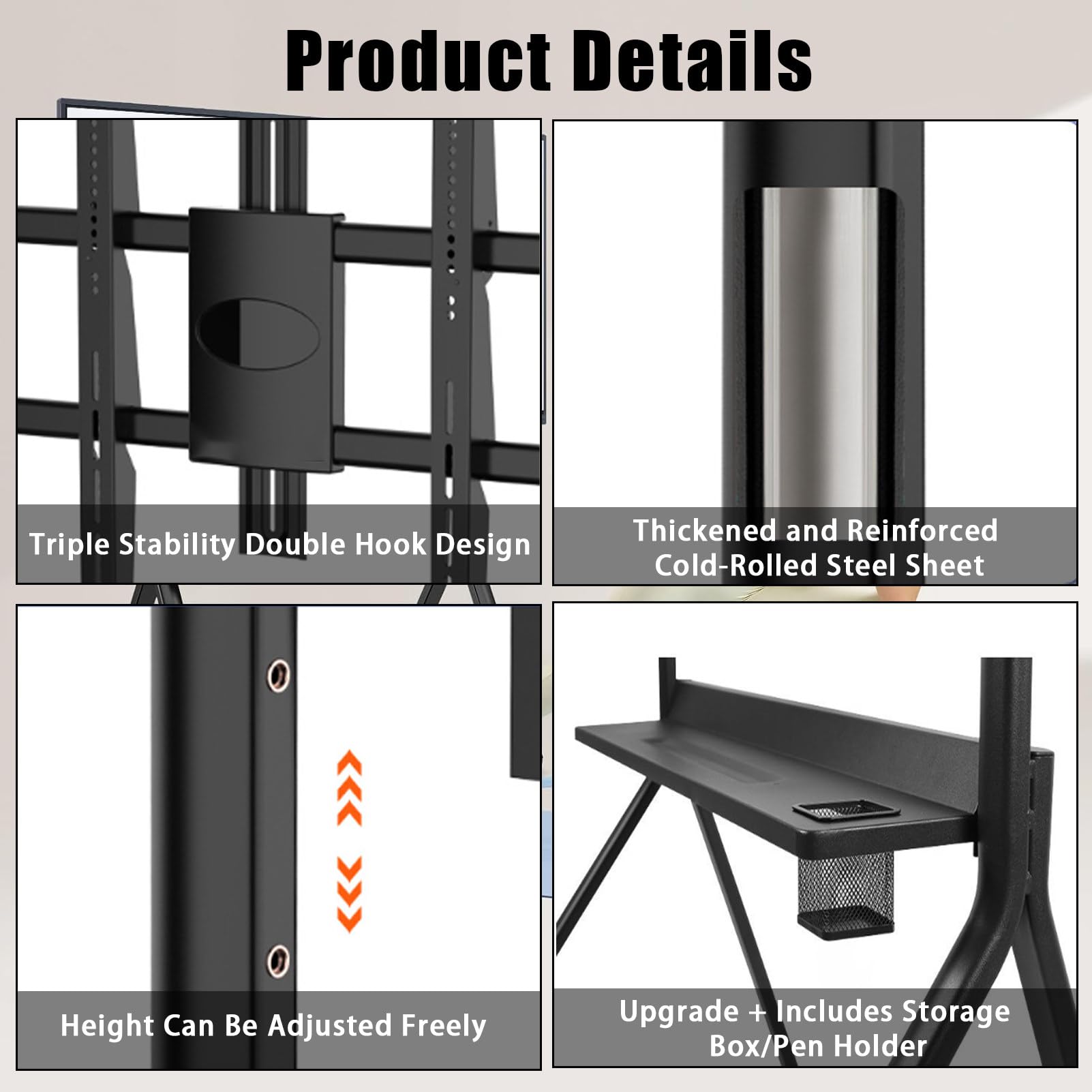 Support TV pivotant universel avec roulettes verrouillables et gestion des câbles, pour loisirs à la maison et divertissement 139,7-254 cm, 254 cm-55 cm