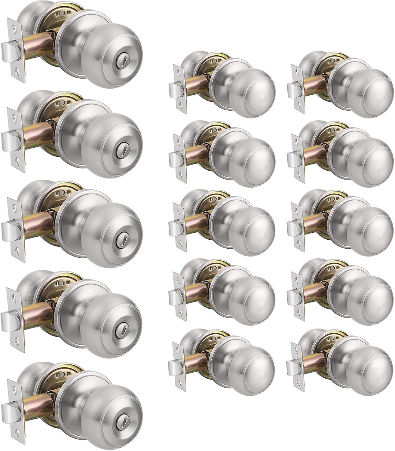 Probrico(5 Pack Privacy Door Knobs and (10 Pack) Passage Door Knobs Bundle, Satin Nickel Interior Door Knobs for Bath Bed and Hall Closet